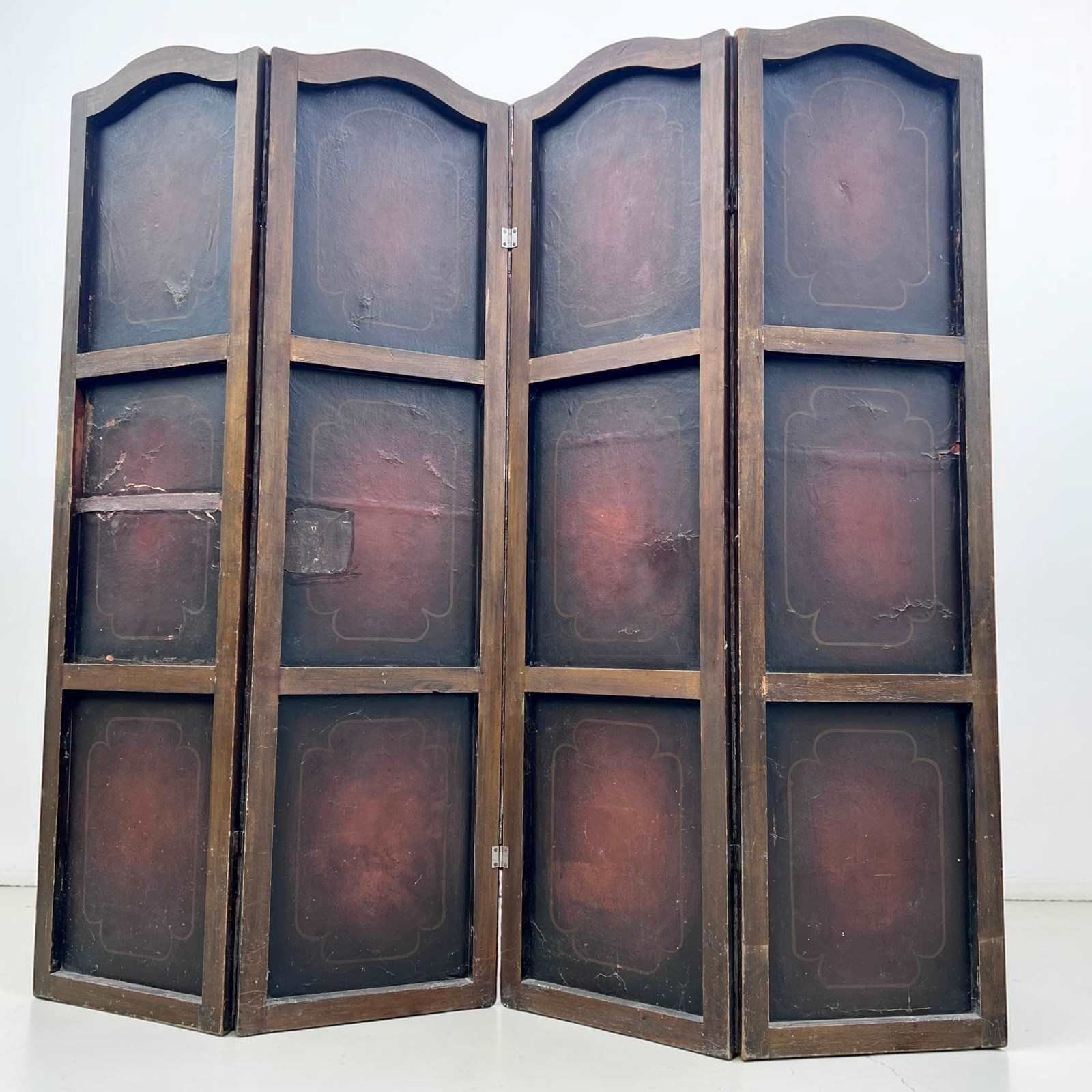 Antique French Hand Painted Four Fold Leather Room Divider Screen photo Home Decor
