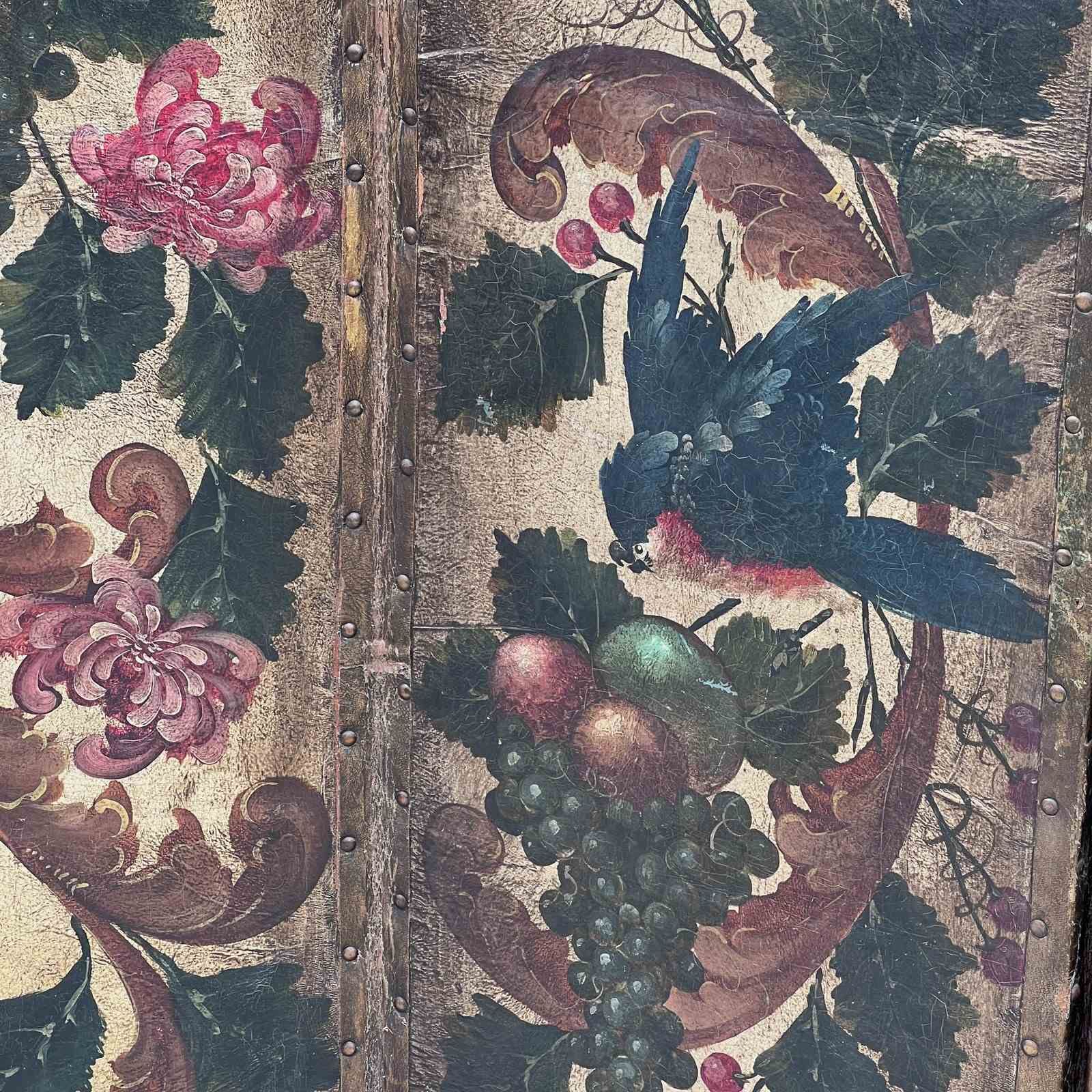 Antique French Hand Painted Four Fold Leather Room Divider Screen photo vinterior