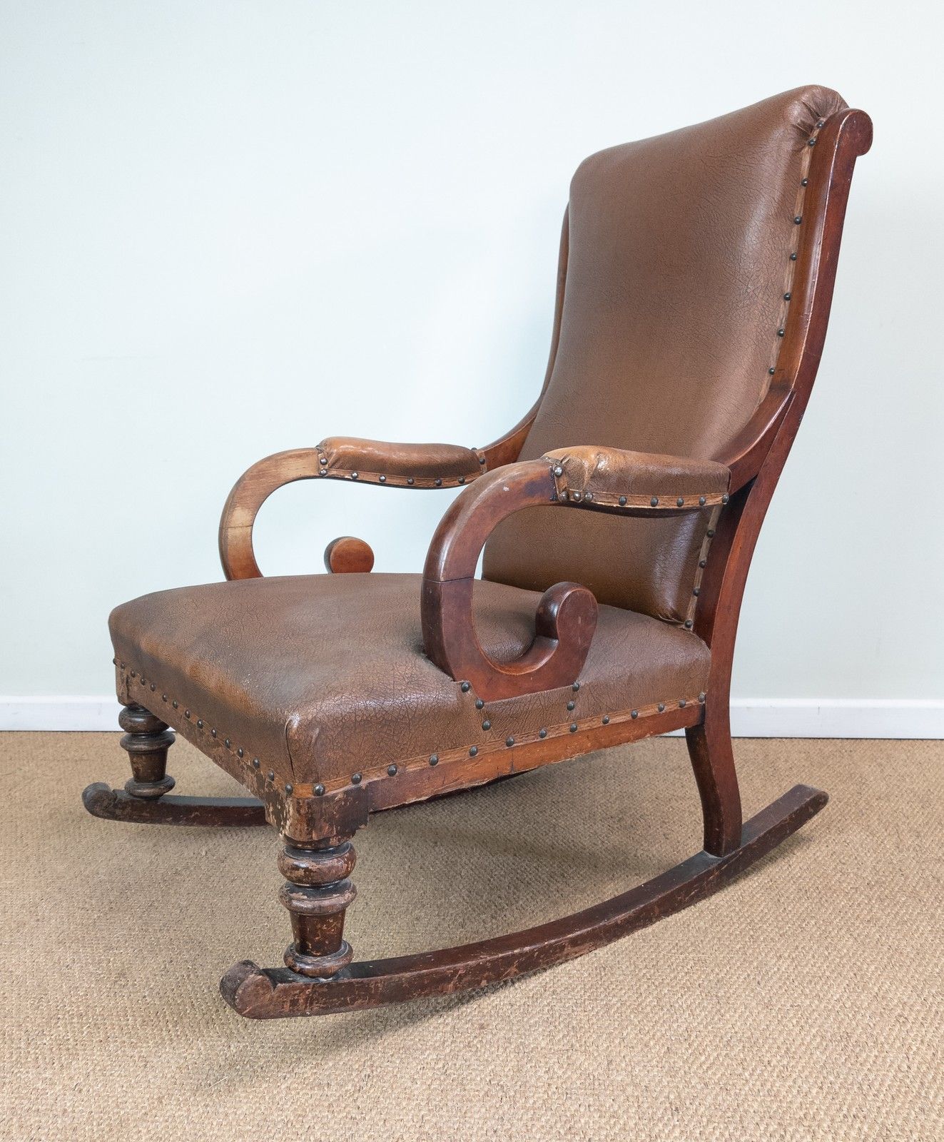Antique Vintage Mahogany Framed Scroll Arm Tan Brown Leather Rocking Arm Chair
