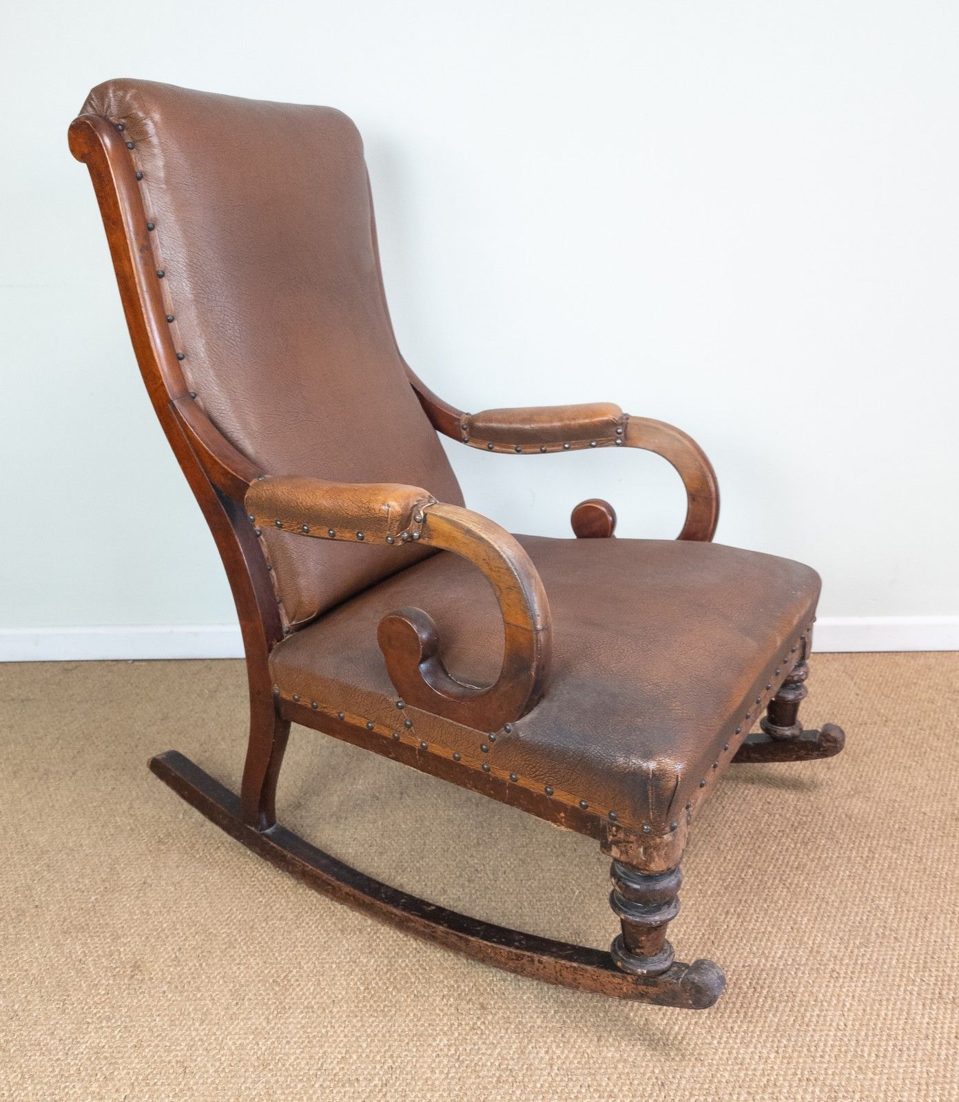 Antique Vintage Mahogany Framed Scroll Arm Tan Brown Leather Rocking Arm Chair photo furniture