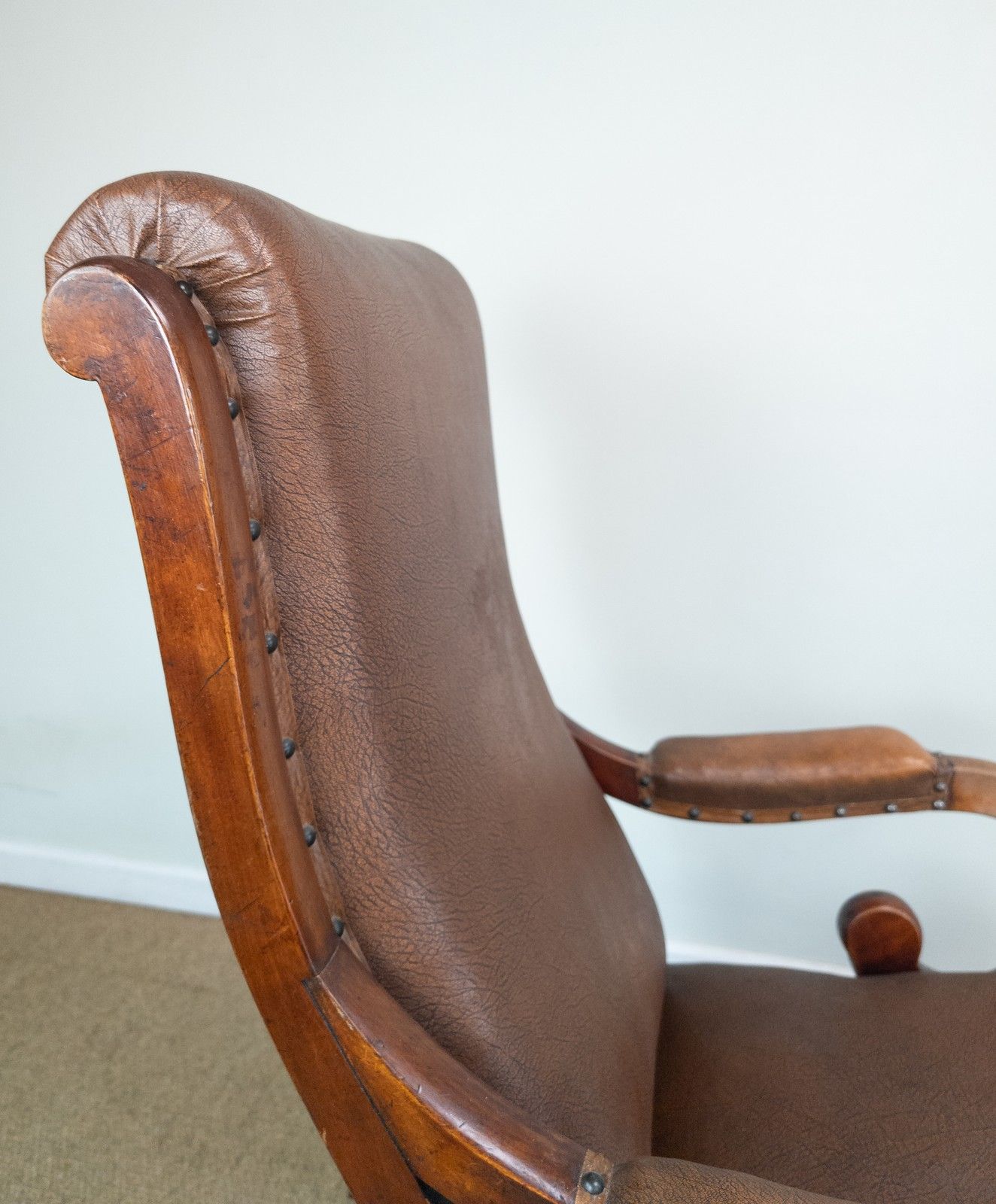 Antique Vintage Mahogany Framed Scroll Arm Tan Brown Leather Rocking Arm Chair photo Furniture