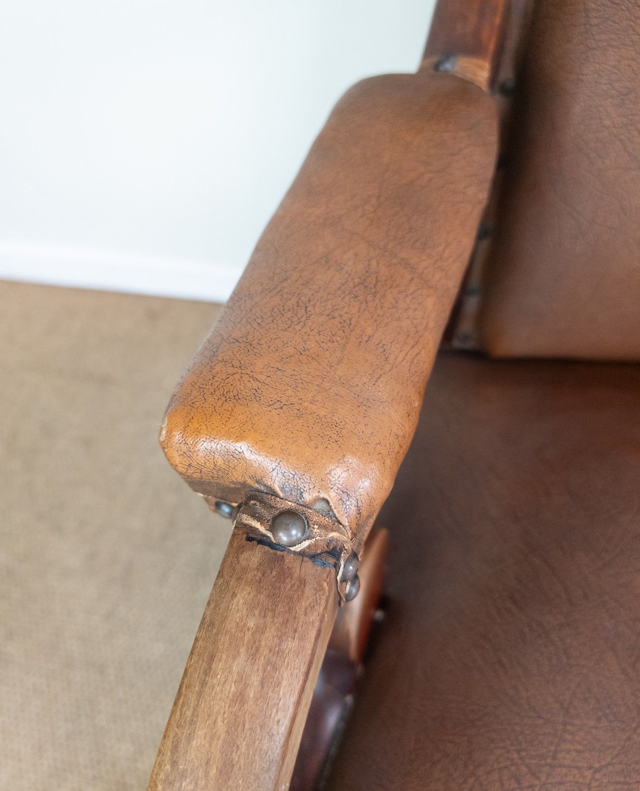 Antique Vintage Mahogany Framed Scroll Arm Tan Brown Leather Rocking Arm Chair photo buy