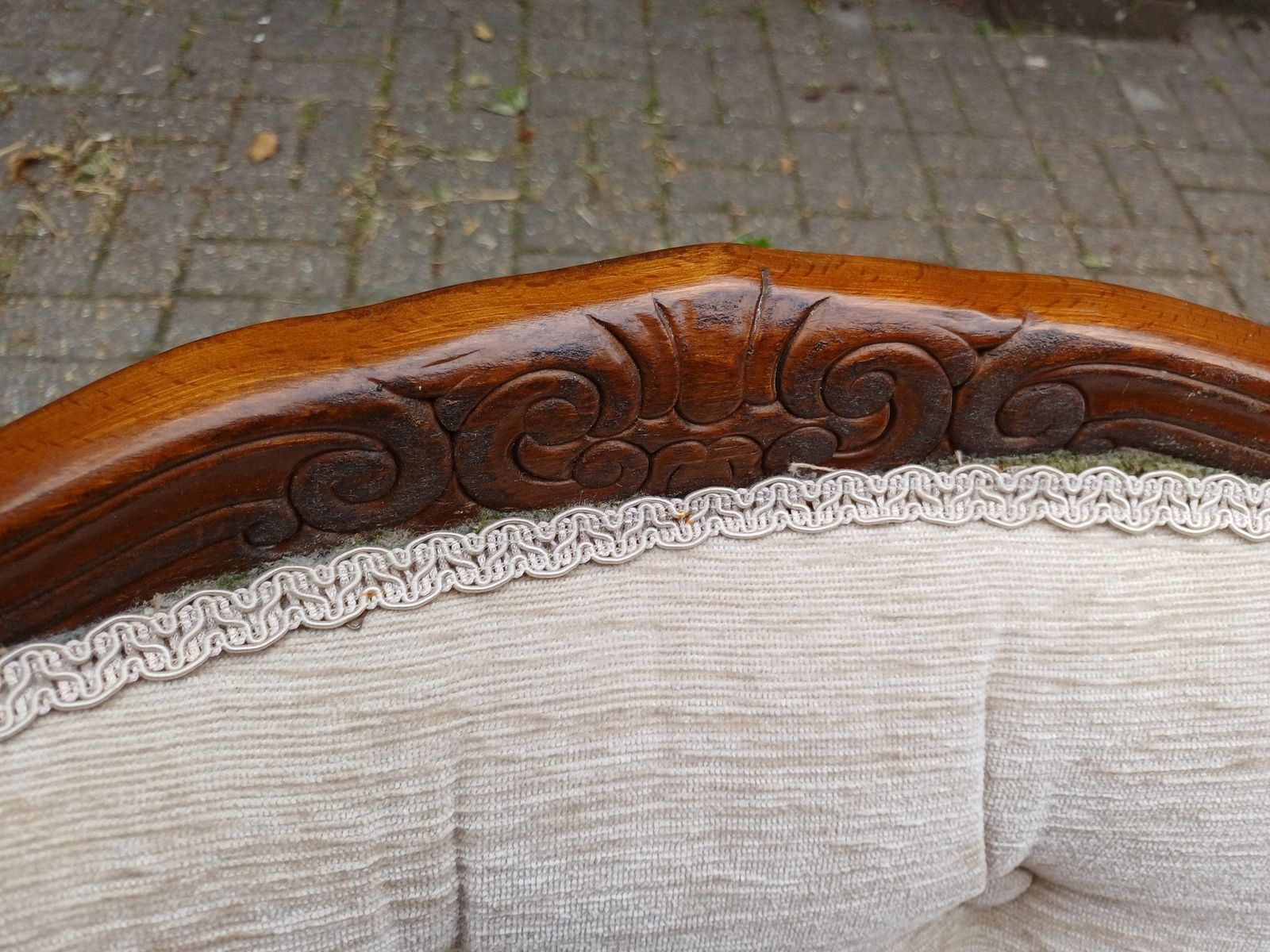 Pair Of Vintage Newly Upholstered Nursing Chairs Carved Hardwood Side Occasional Chairs photo for sale