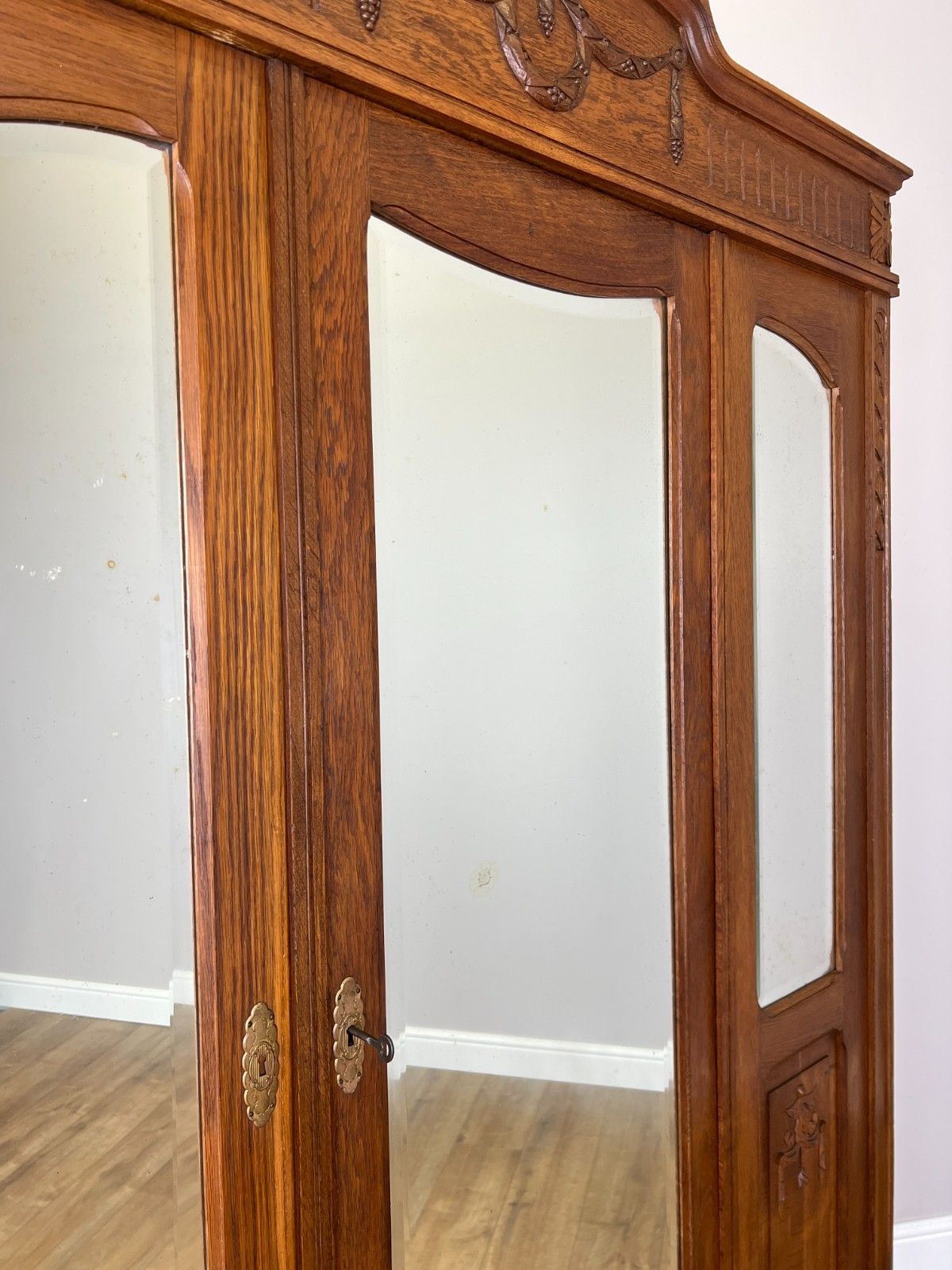 849.0 Wardrobe Antique French Oak Two Door Mirrored Carved Armoire Cabinet Lot 6097 photo