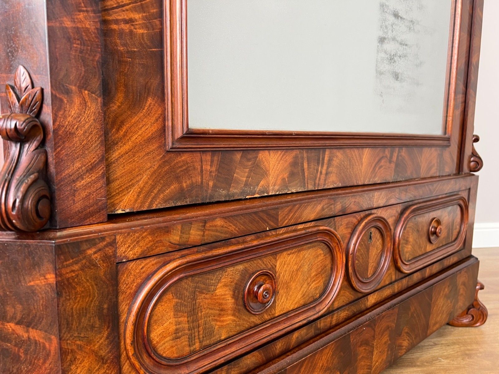 Furniture Wardrobe Antique French Burr Walnut Mirrored Two Drawer Armoire Cabinet Lot 6098 photo