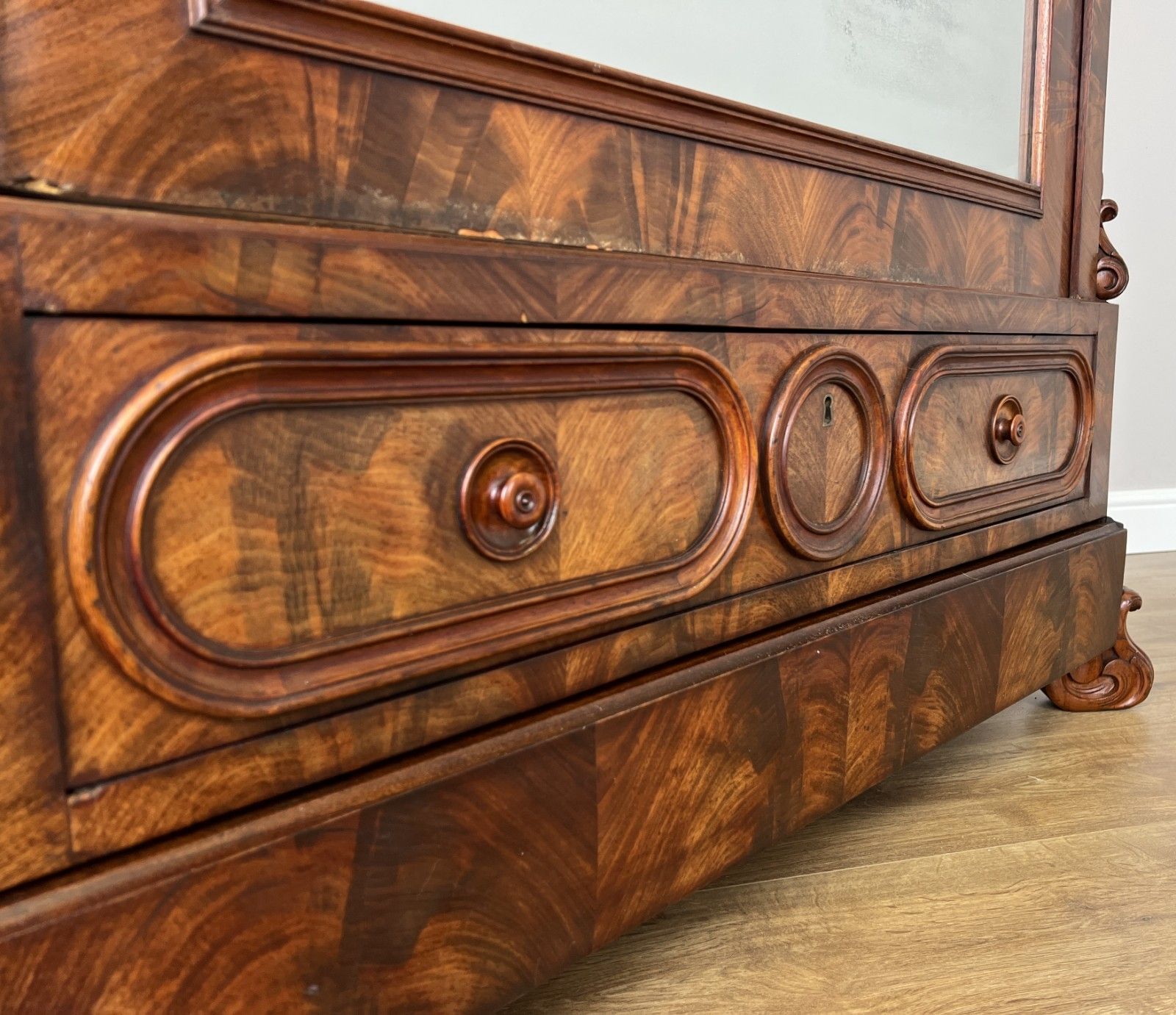 849.0 Wardrobe Antique French Burr Walnut Mirrored Two Drawer Armoire Cabinet Lot 6098 photo