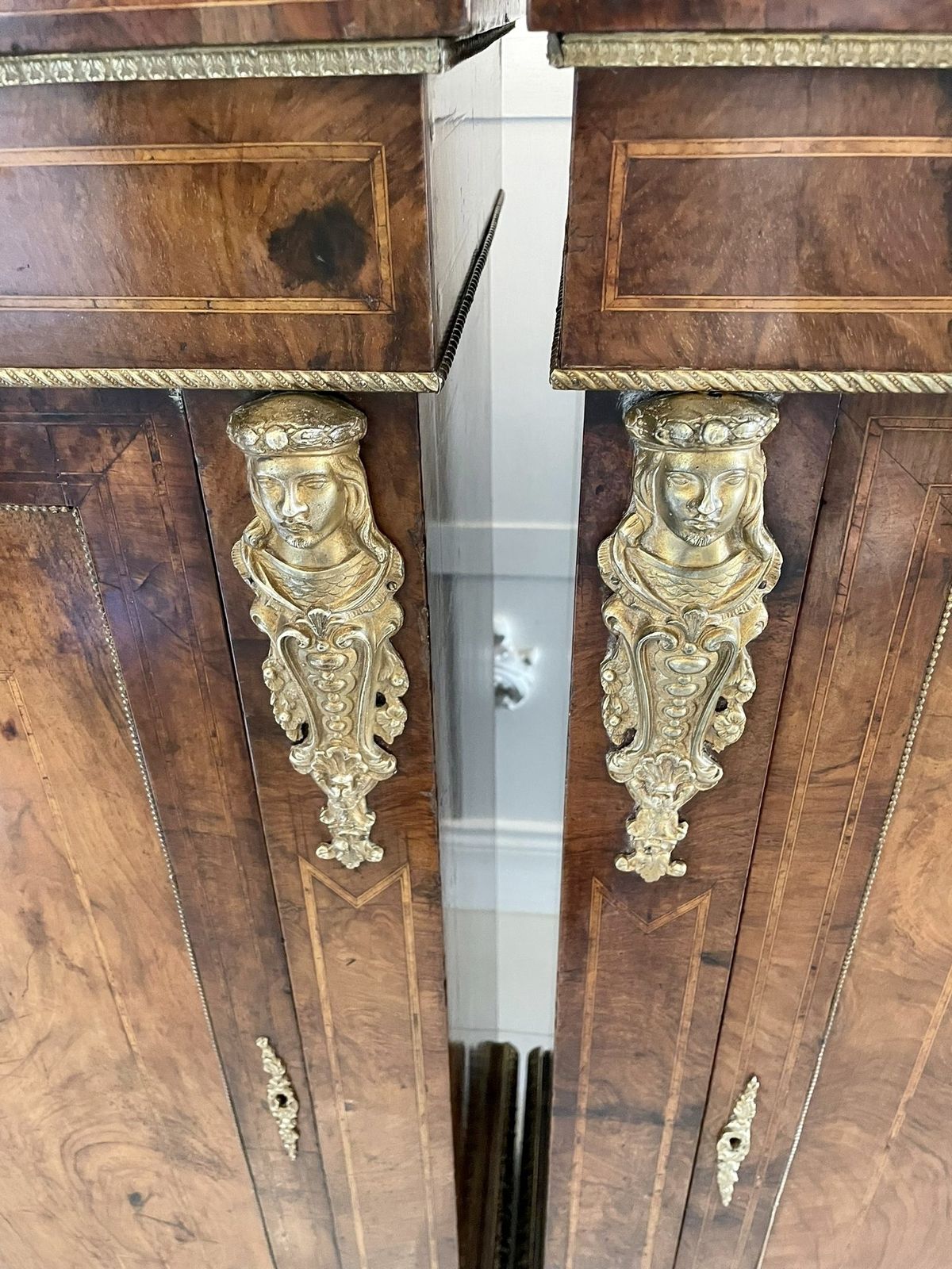 Outstanding Quality Pair Of Antique 19th Century Inlaid Burr Walnut And Porcelain Mounted Pier Cabinets photo buy