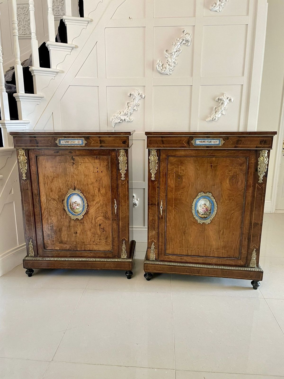 photo buy Outstanding Quality Pair Of Antique 19th Century Inlaid Burr Walnut And Porcelain Mounted Pier Cabinets
