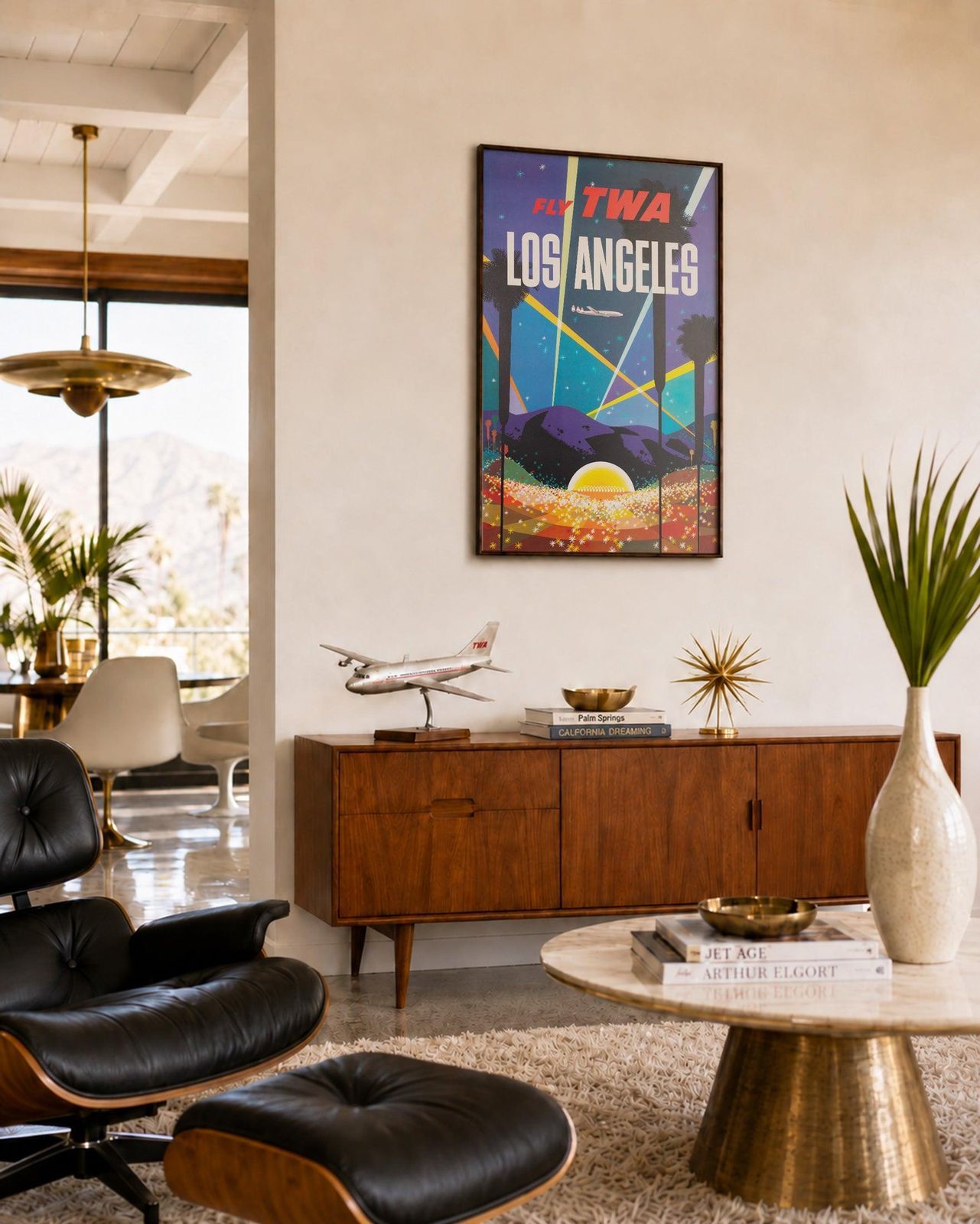 Affiche de voyage TWA Los Angeles C1958, David Klein photo furniture