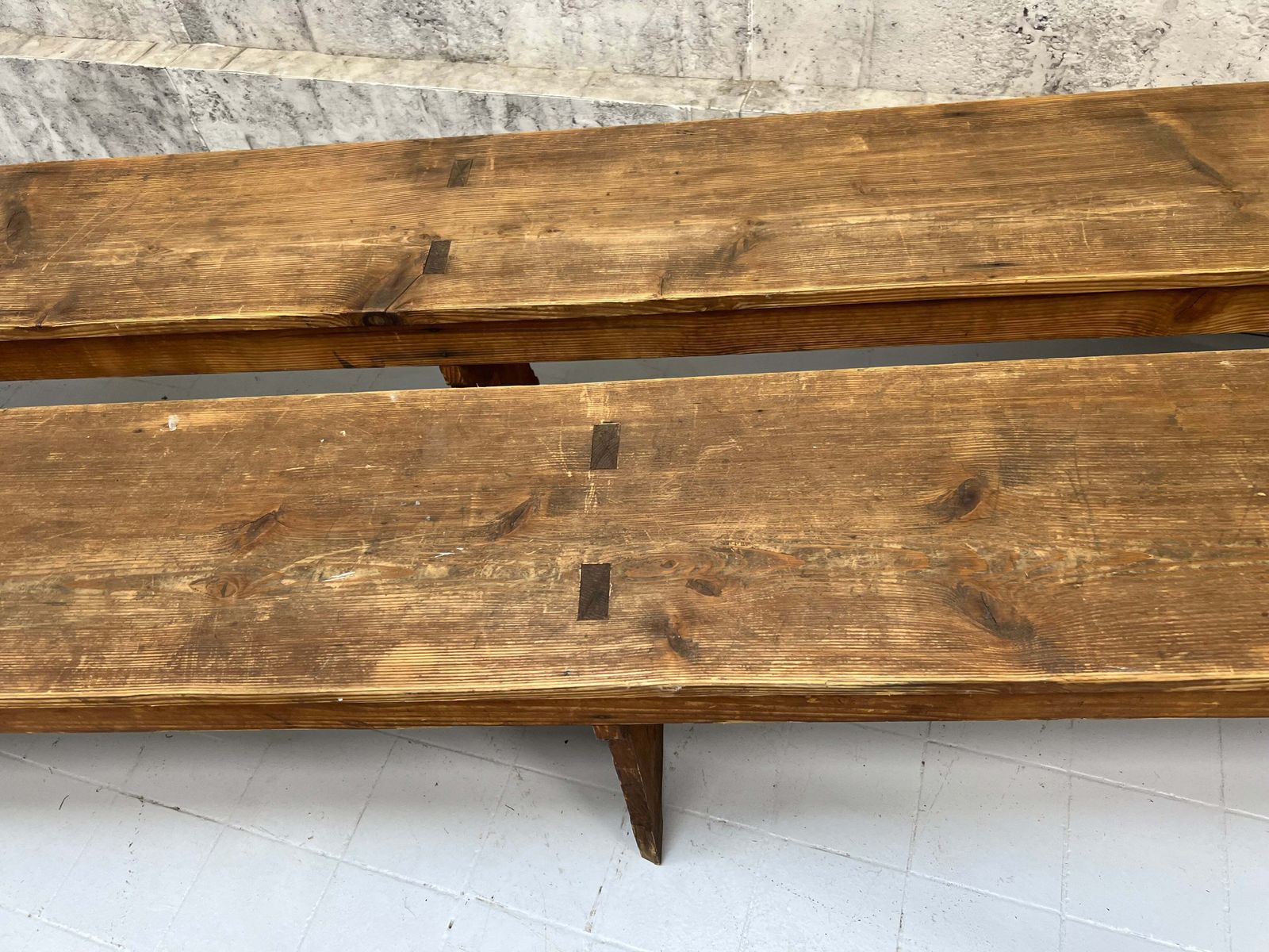 Pair Of Pitch Pine Vineyard Nearly 3m Long Benches photo 695.0