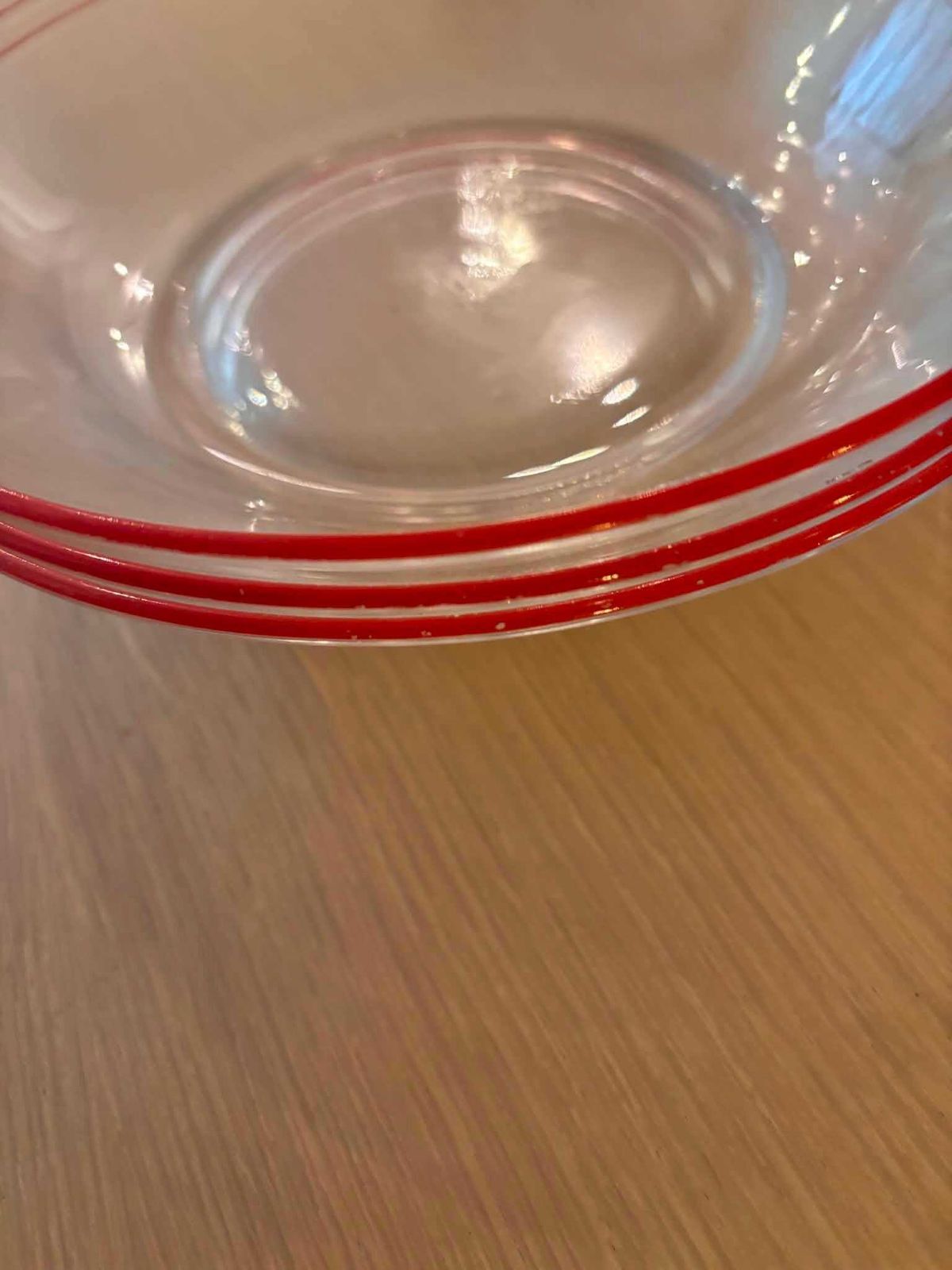 Vintage Vsg France Red Rim Glass Soup Plates Set Of 3, 1950s 1960s French Transparent Glass Deep Plates, Mid Century Pasta Risotto Bowls photo for sale