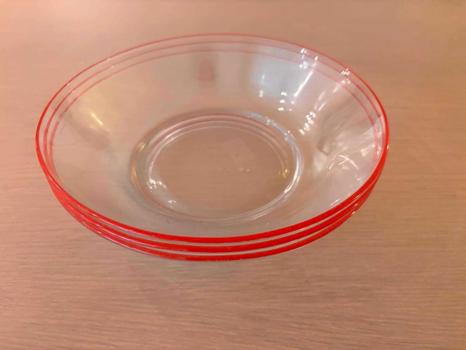 Vintage Vsg France Red Rim Glass Soup Plates Set Of 3, 1950s 1960s French Transparent Glass Deep Plates, Mid Century Pasta Risotto Bowls photo Home Decor
