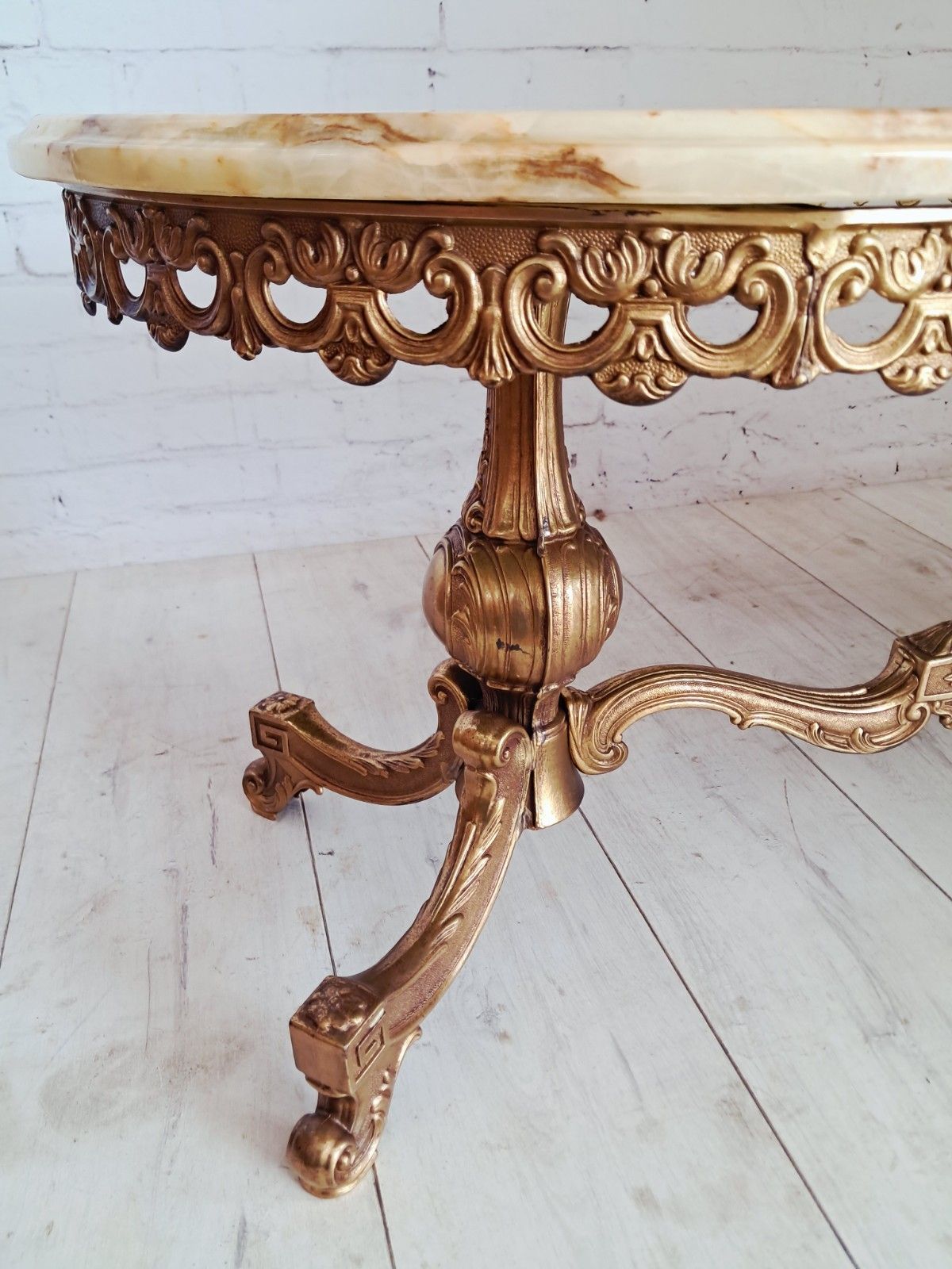 Vintage Onyx & Brass Marble Coffee Table Italian Style Rococo Gold Mid Century photo buy
