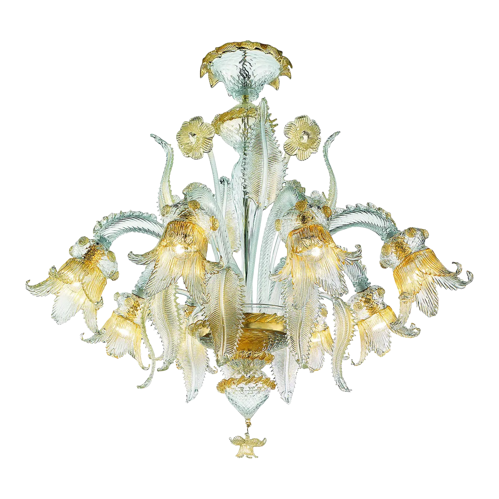 Ornate Clear And Gold Leaf Murano Glass Floral Chandelier — Italian Design