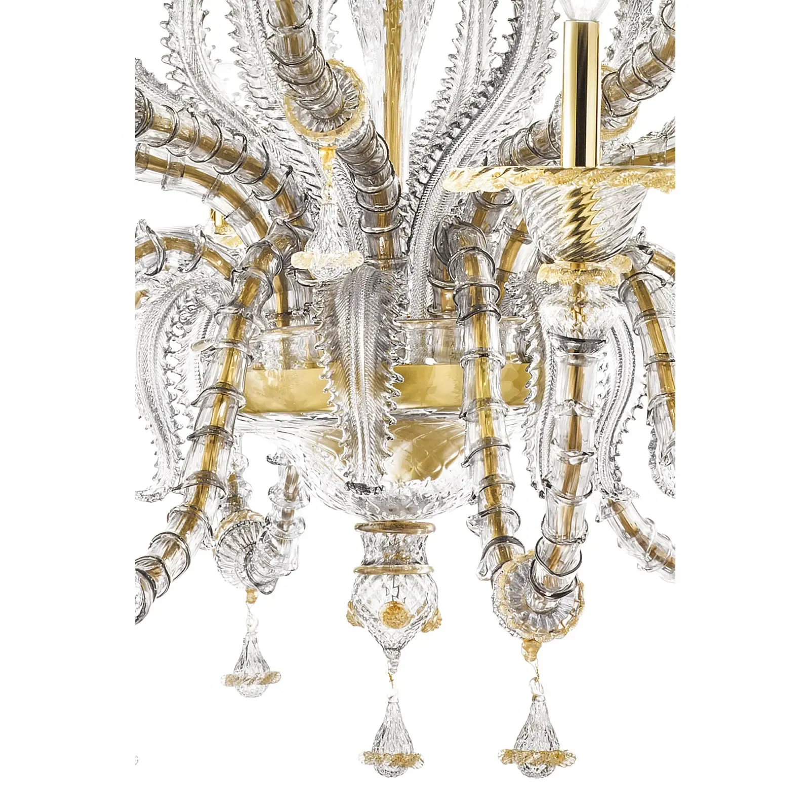 Elegant Huge Ca’ Rezzonico Murano Glass Chandelier With Gold Accents And Leaves photo for sale