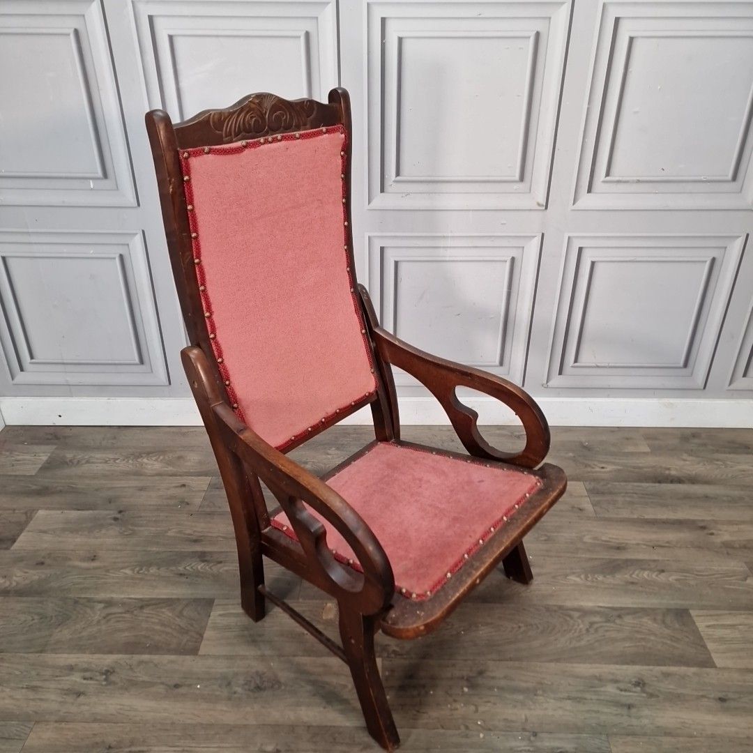 Vintage High Back Armchair Solid Hardwood Antique Arts & Crafts Style Chair photo furniture