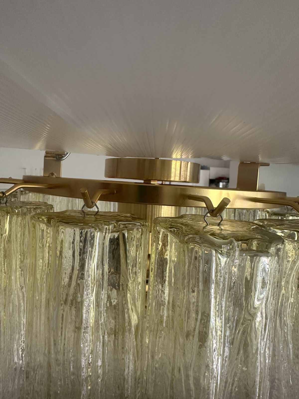 Contemporary Italian Hand Made Gold Flush Mount With Clear Amber “Tronchi” Murano Glass photo furniture