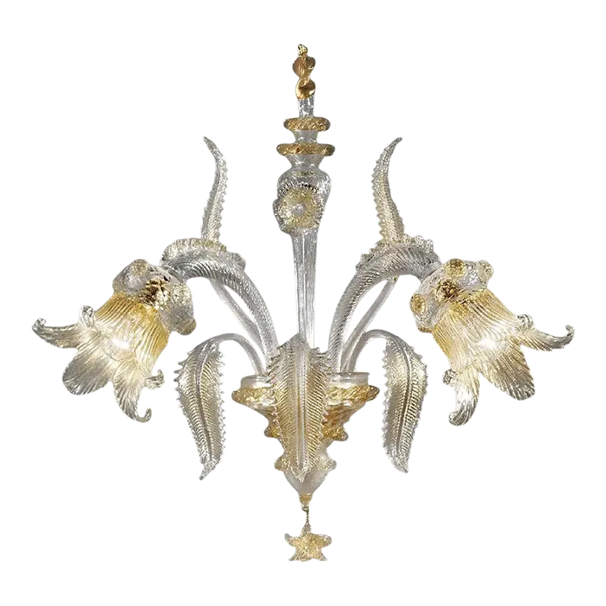 Italian Luxury Wall Sconce In Clear Murano Glass With Gold Floral Motifs