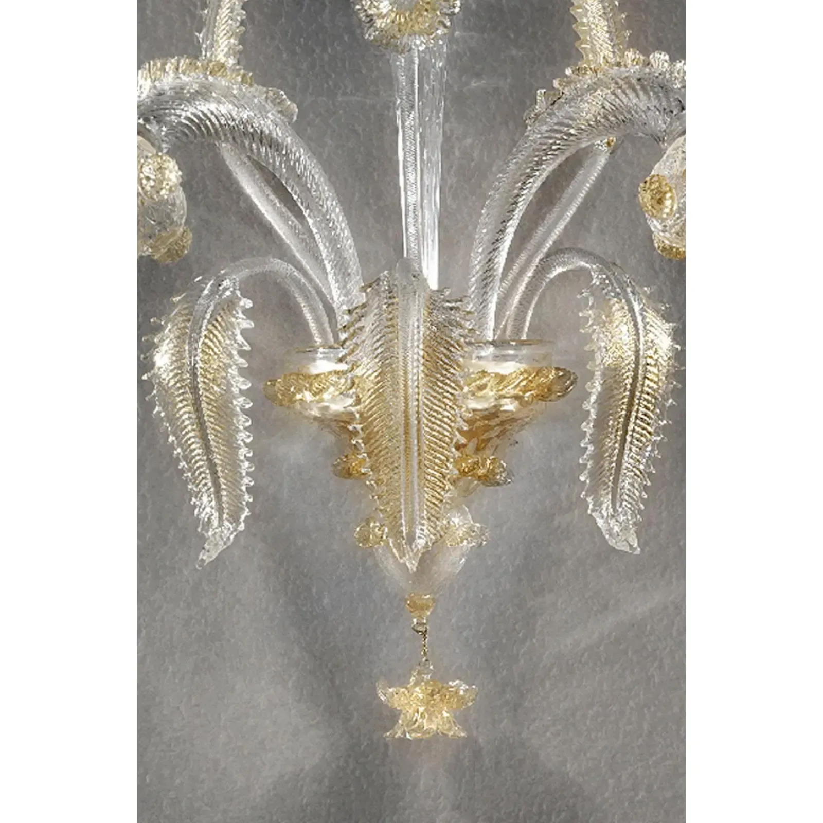 Italian Luxury Wall Sconce In Clear Murano Glass With Gold Floral Motifs photo Lighting