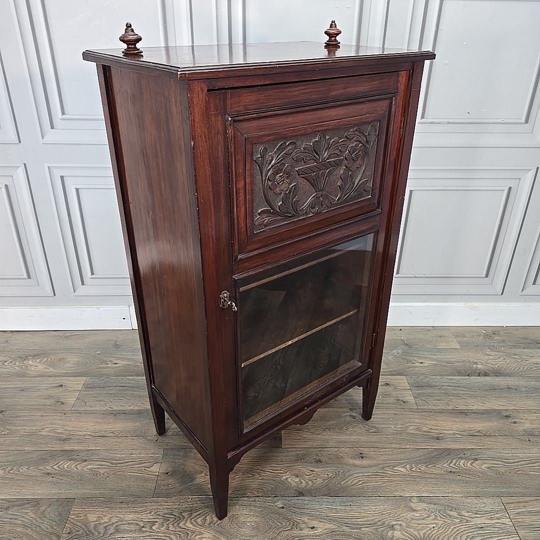 Antique Mahogany Cabinet Carved Panel Glazed Door Display Cupboard Shelves Wood photo furniture