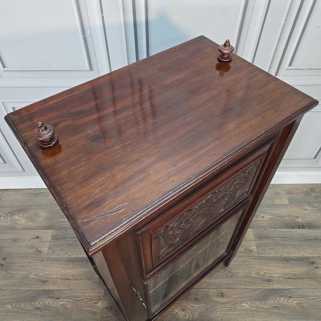 Antique Mahogany Cabinet Carved Panel Glazed Door Display Cupboard Shelves Wood photo Furniture