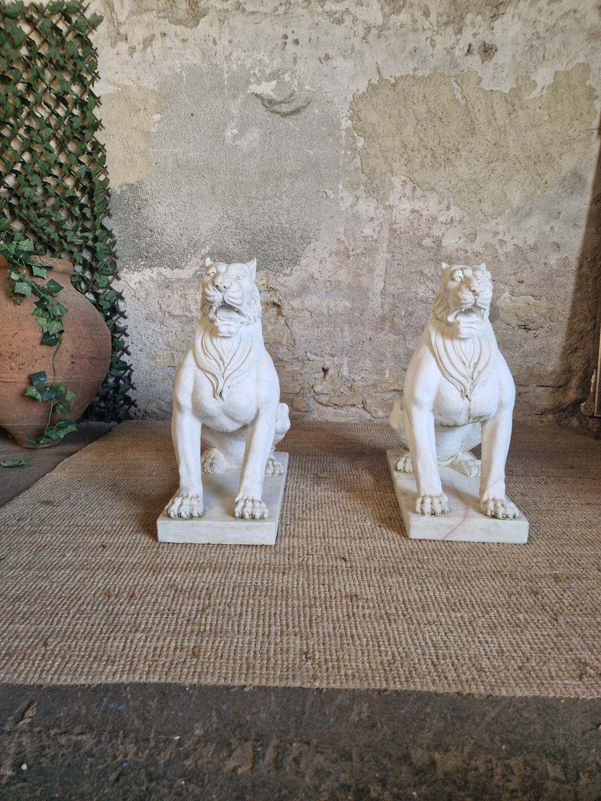 Pair Of Art Deco Life Size Marble Guarding Lions Statues photo vintage