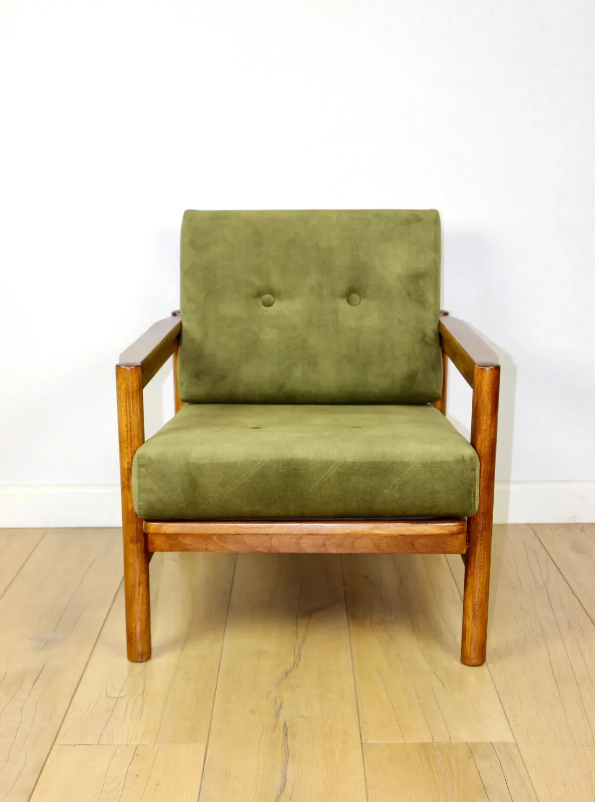 Wooden Armchair Designed By Z. Baczyk Vintage, Olive Green Velvet photo furniture