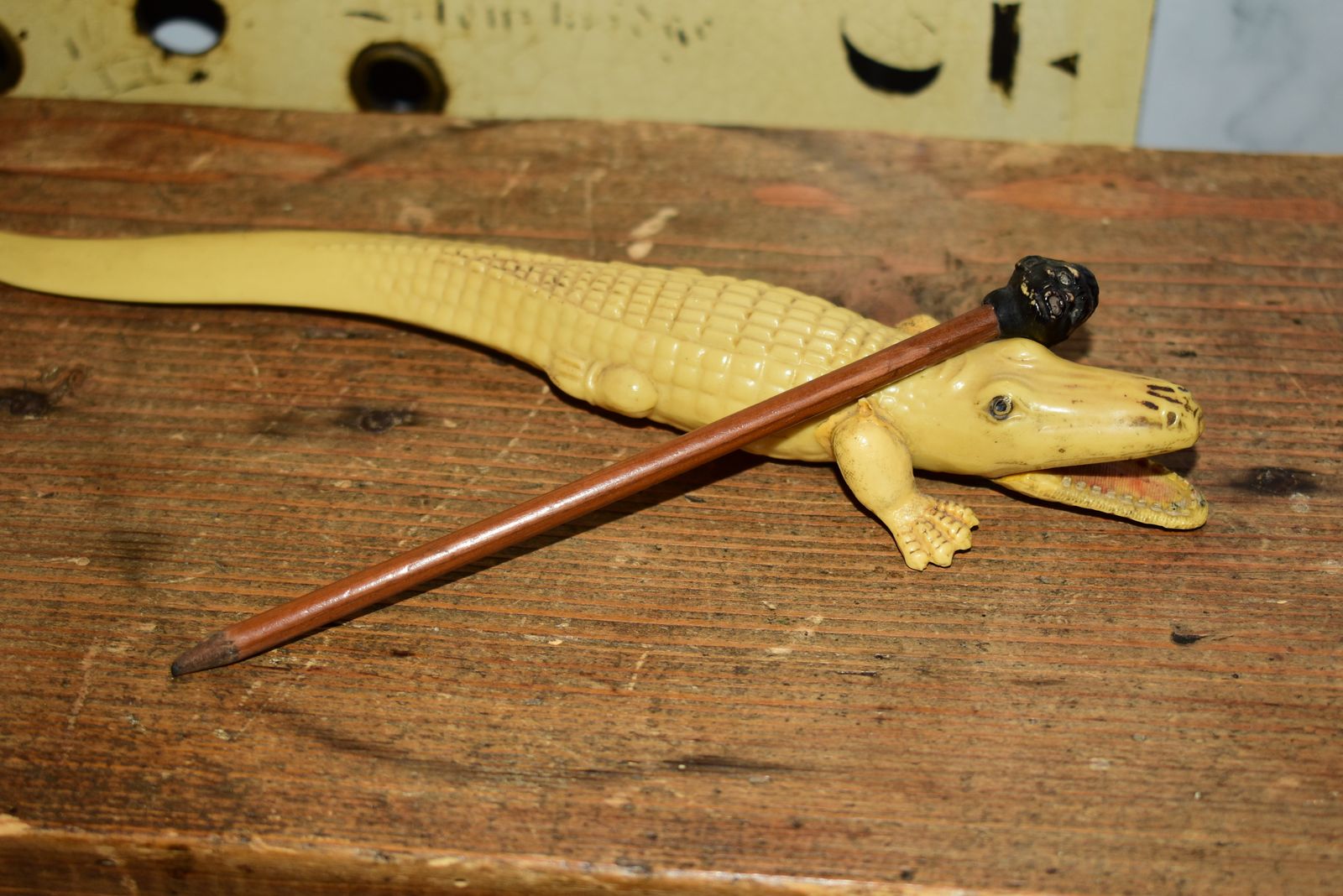 Rare 1920s Celluloid Alligator Letter Opener & Pencil Holder Set