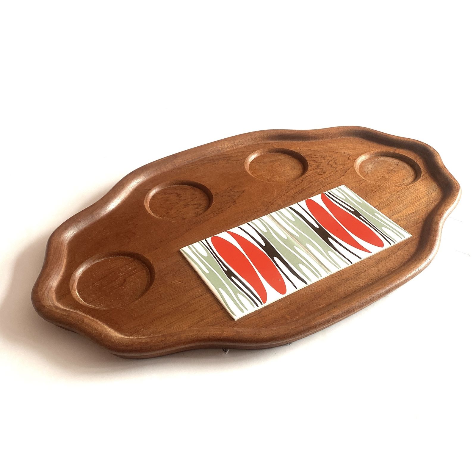 Large Mid Century Modern Drinks Tray With Tiled Section, 1960s Barware
