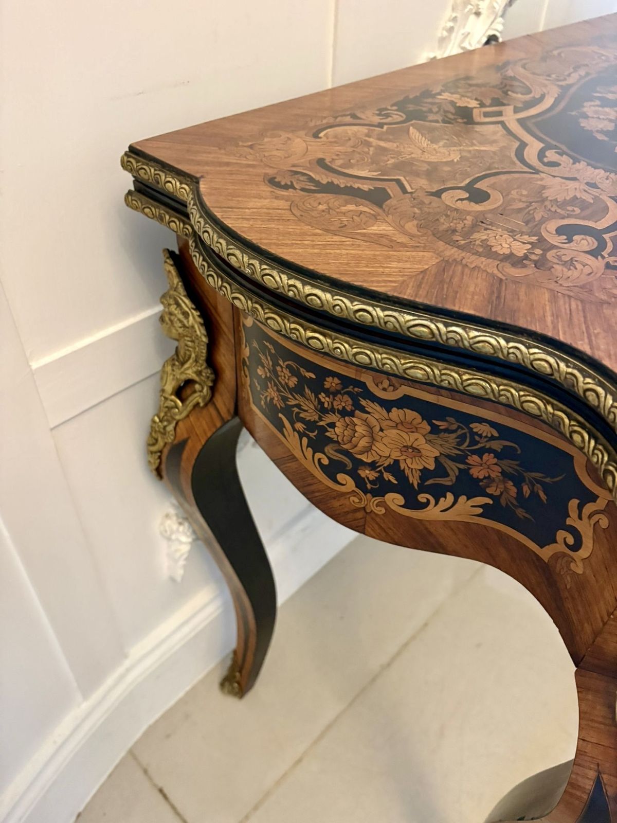 Furniture Antique French Kingwood Marquetry Card Table Ormolu Mounted Louis XV Style photo