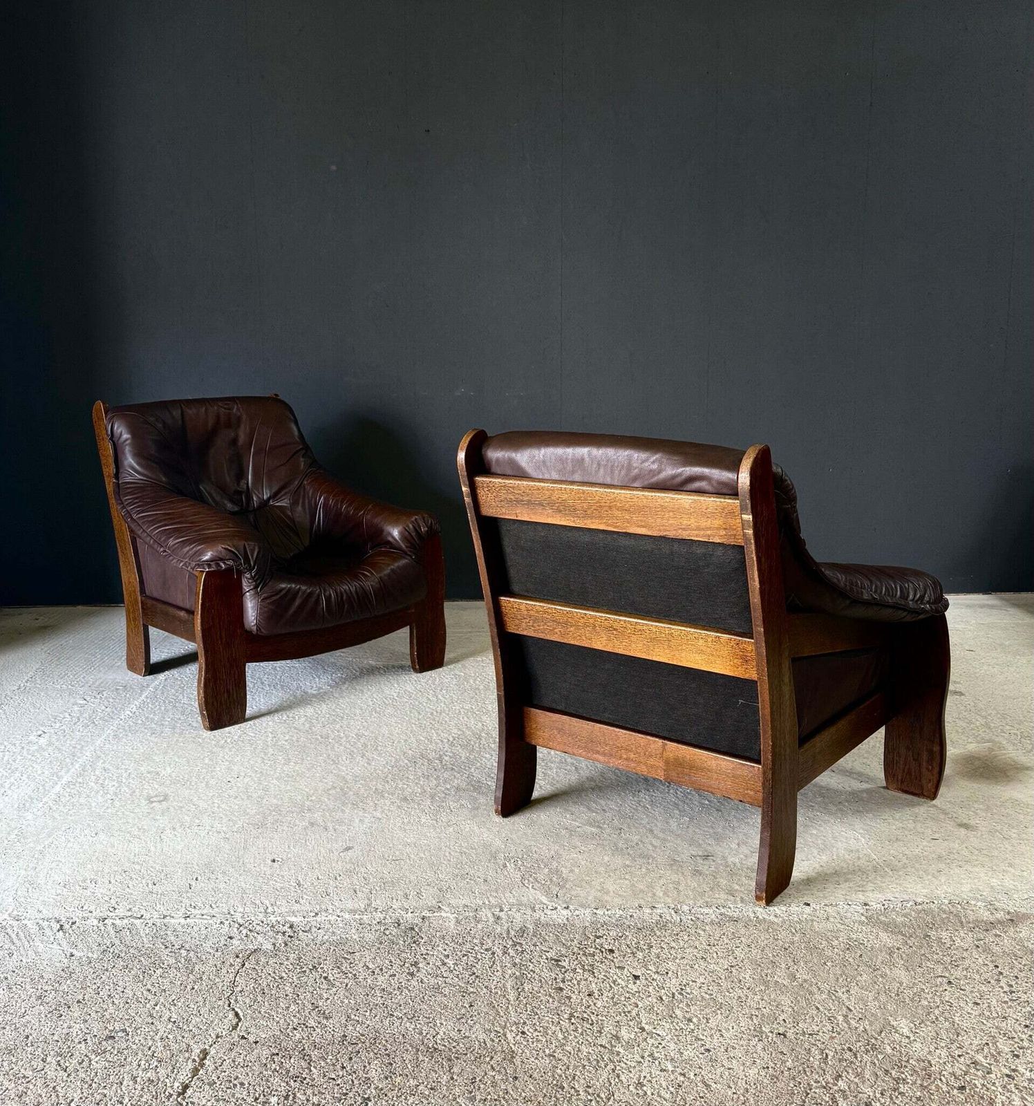 Brutalist Design Fauteuilset Van Leer En Eiken, België, Jaren 1970 photo 1650.0