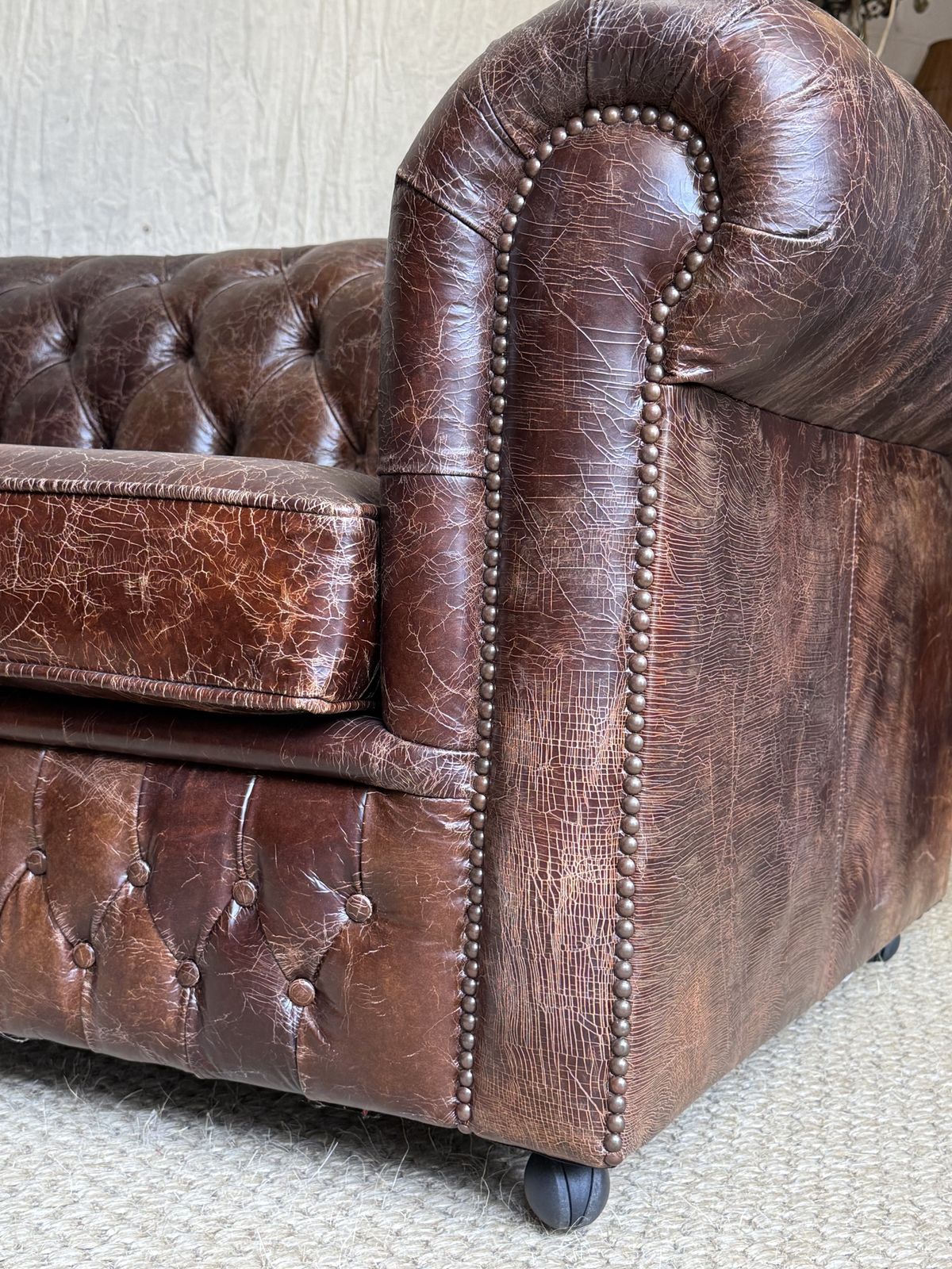 photo for sale Cracked Faux Leather Upholstered 3 Seater Chesterfield Sofa