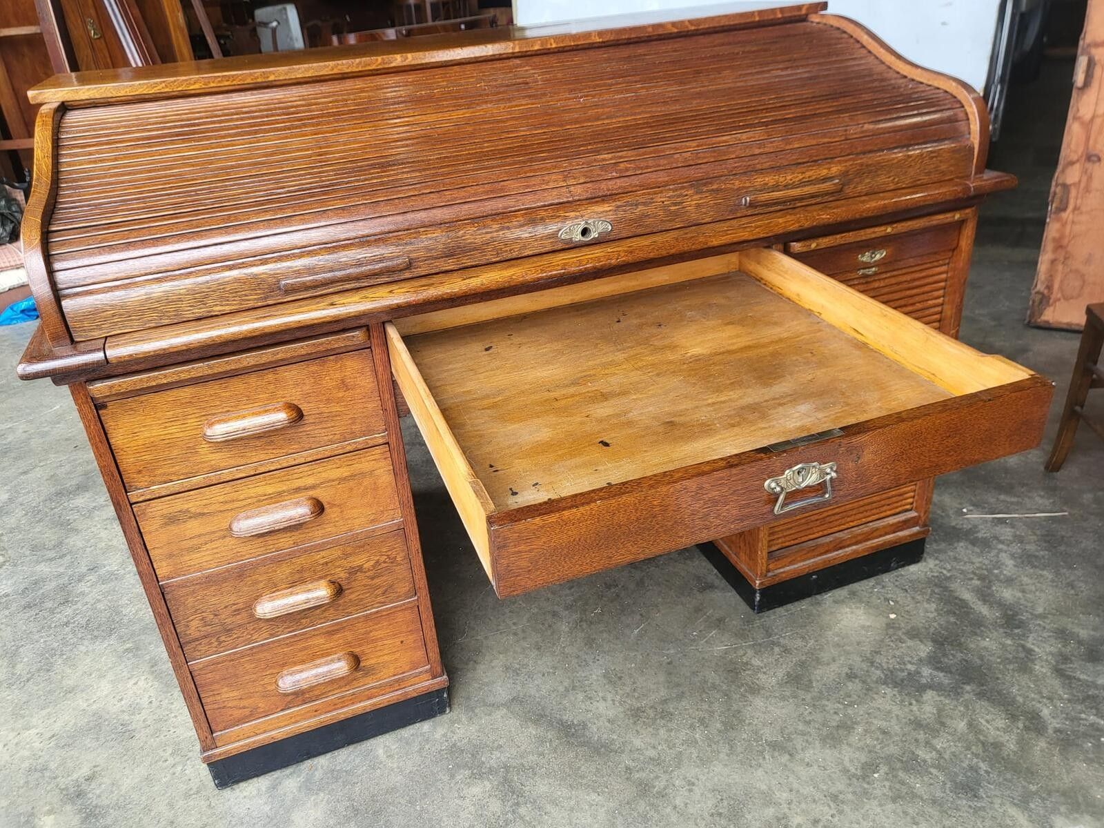 Antique Oak Roll Top Tambour Twin Pedestal Desk Drawers photo buy
