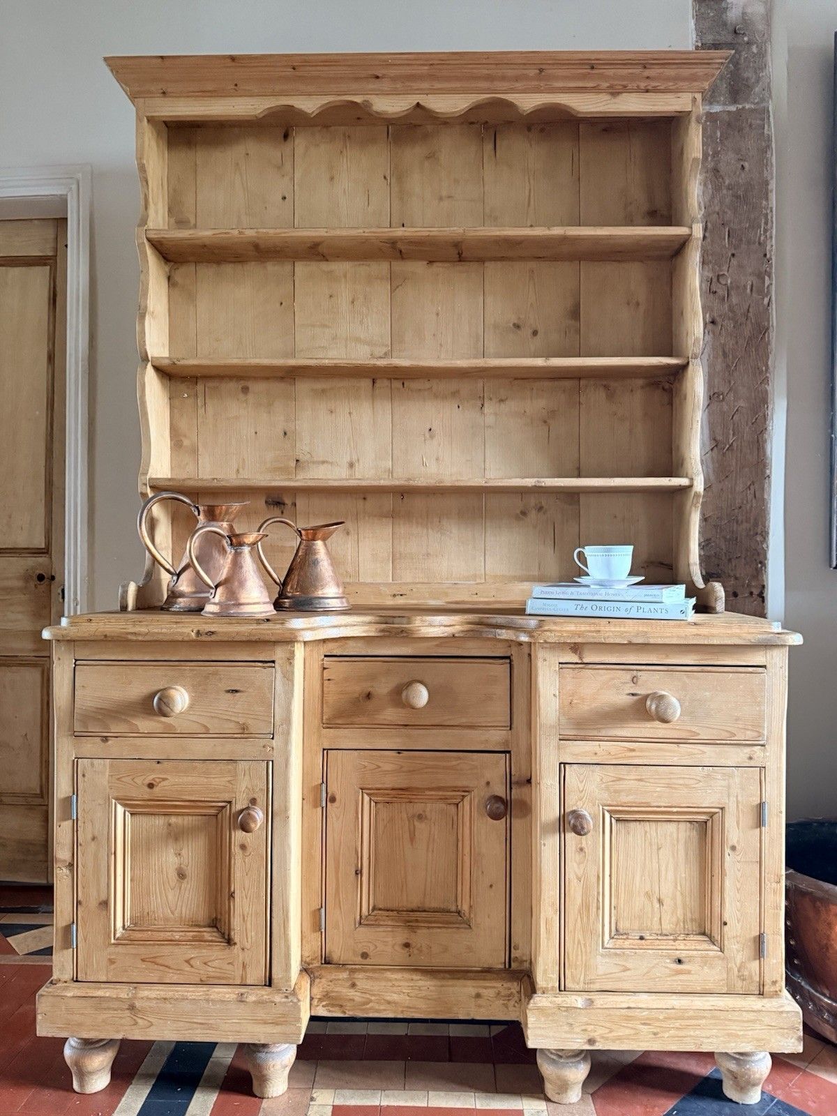 Vintage Farmhouse Rustic Country Pine Kitchen Welsh Cabinet Dresser W/Plate Rack photo for sale
