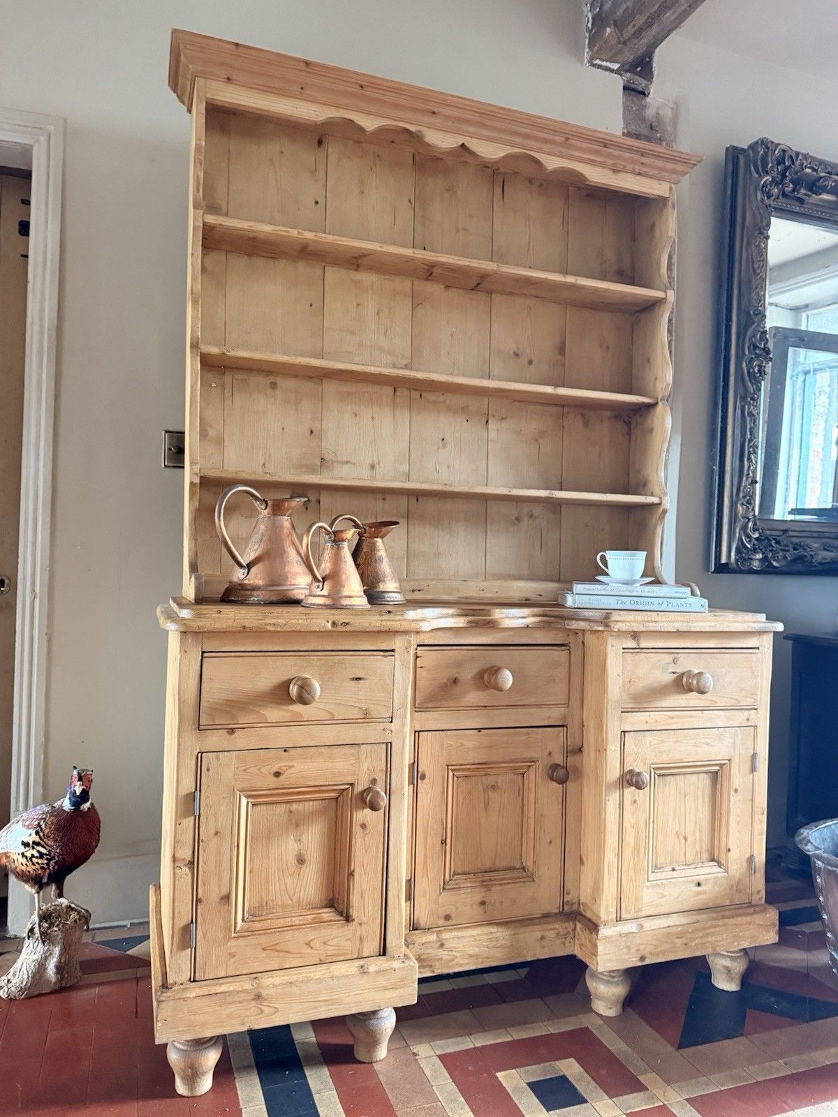 Vintage Farmhouse Rustic Country Pine Kitchen Welsh Cabinet Dresser W/Plate Rack photo 999.0