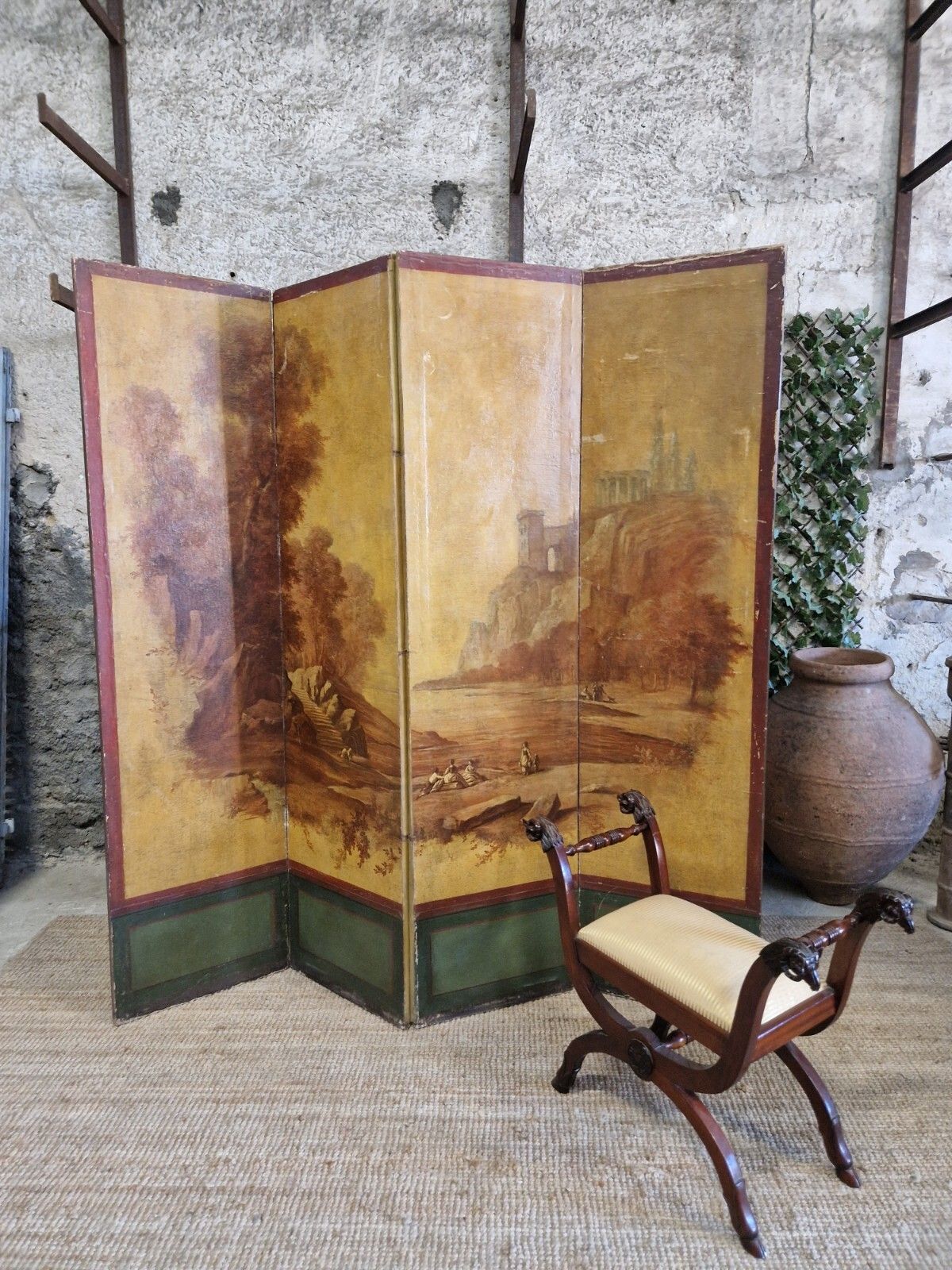 photo vinterior Antique French 4 Panel Hand Painted Room Divider Screen 19th Century