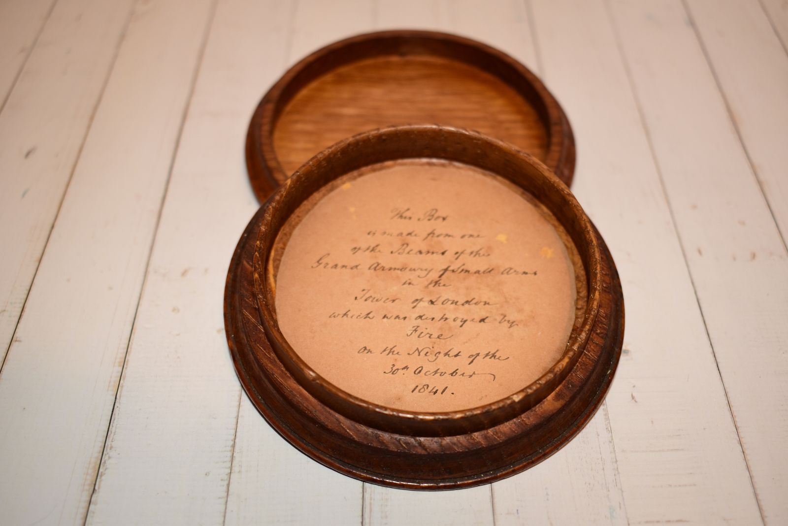 Museum Grade 1841 Tower Of London Fire Relic Oak Treen Box With Unique Provenance