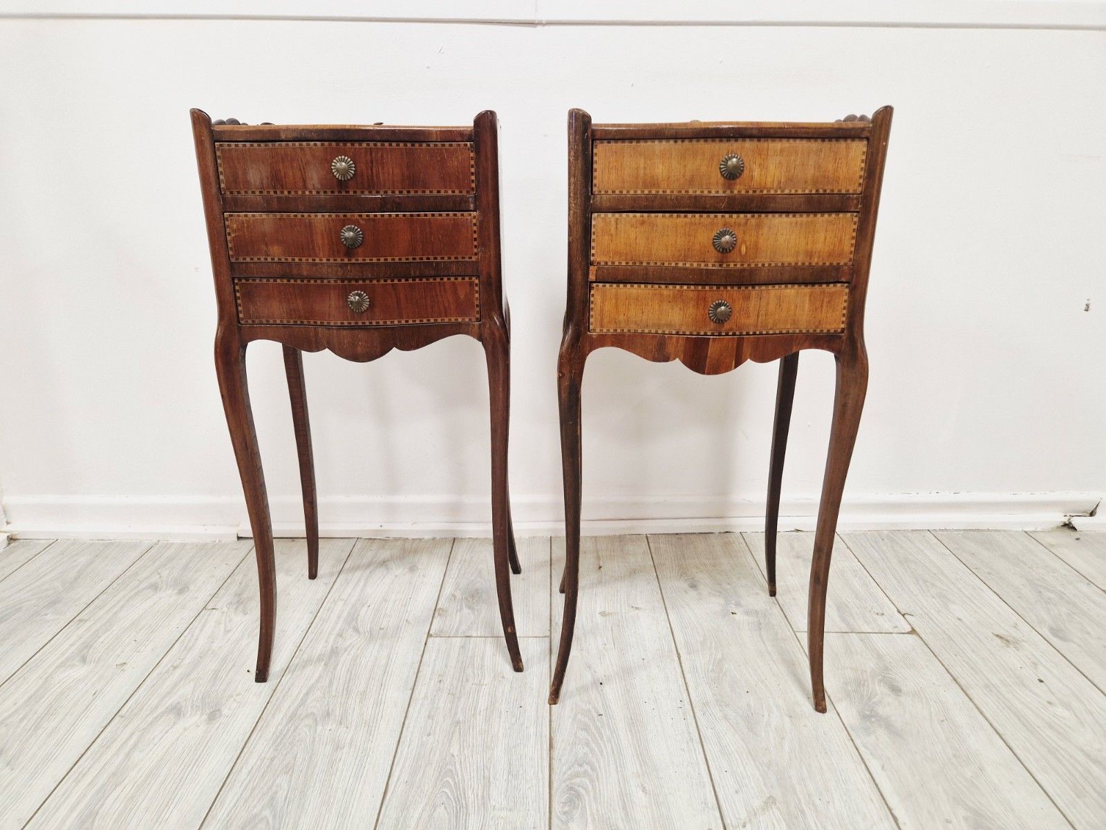 Furniture ​Pair Of Antique French Style Inlaid Bedside Vanity Tables Coiffeuses photo