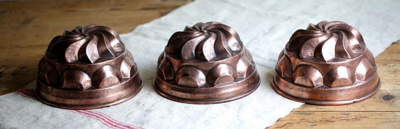Antique Copper Jelly Molds: French Kitchen Wall Decor, Cake Pans (Set Of 3) photo vintage
