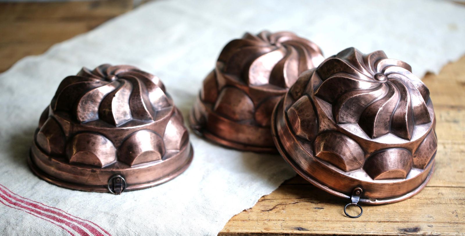 photo for sale Antique Copper Jelly Molds: French Kitchen Wall Decor, Cake Pans (Set Of 3)