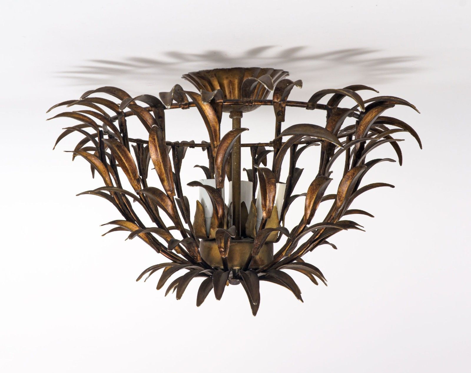 Vintage 1970s 80s Italian Hans Kogl Distressed Gilt Florentine Semi Flush Lamp