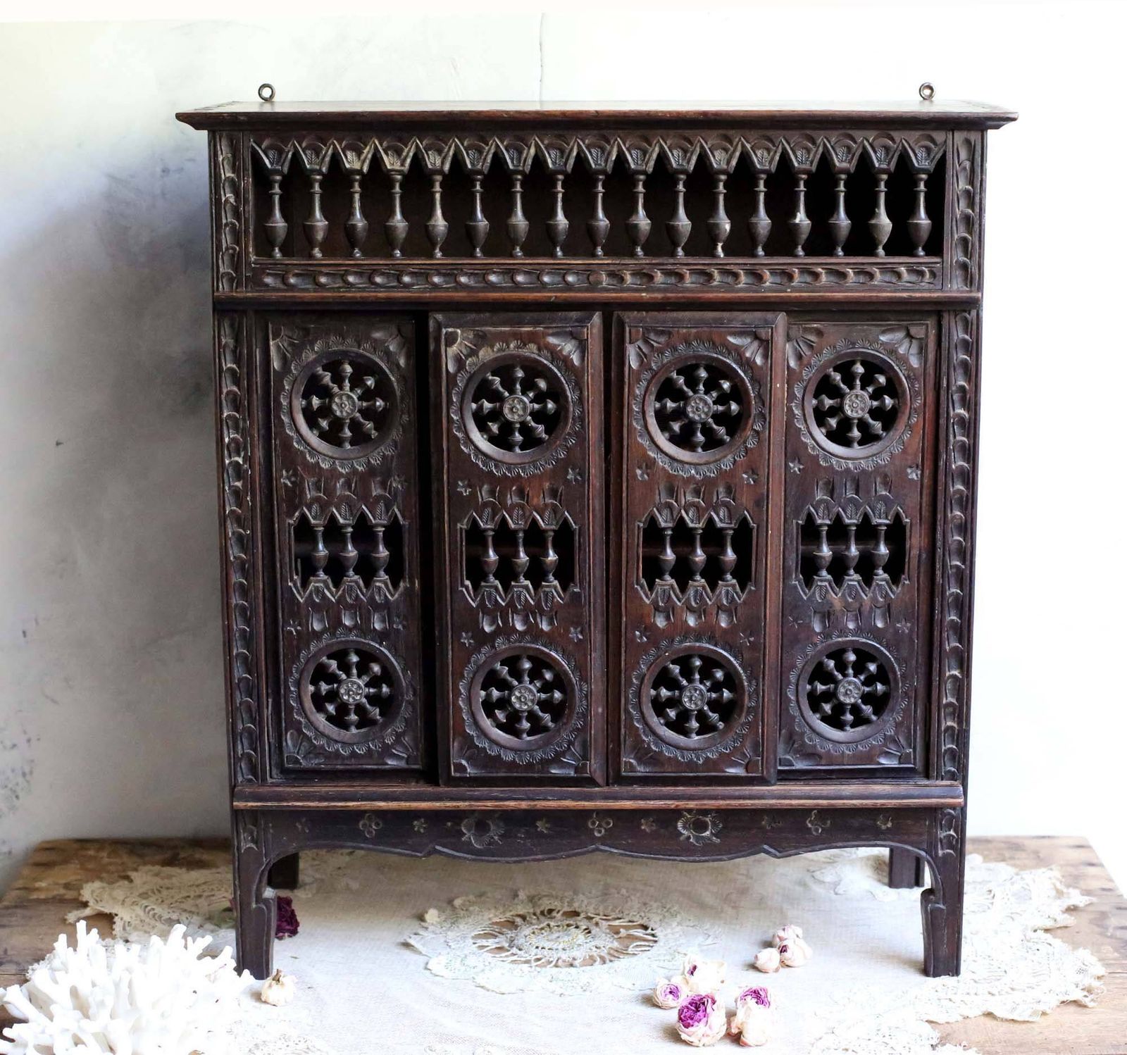 Antique French Panetiere Breton Carved Wooden Bread Storage Box Cheese Safe Pie Keeper Storage Cabinet Larder photo furniture