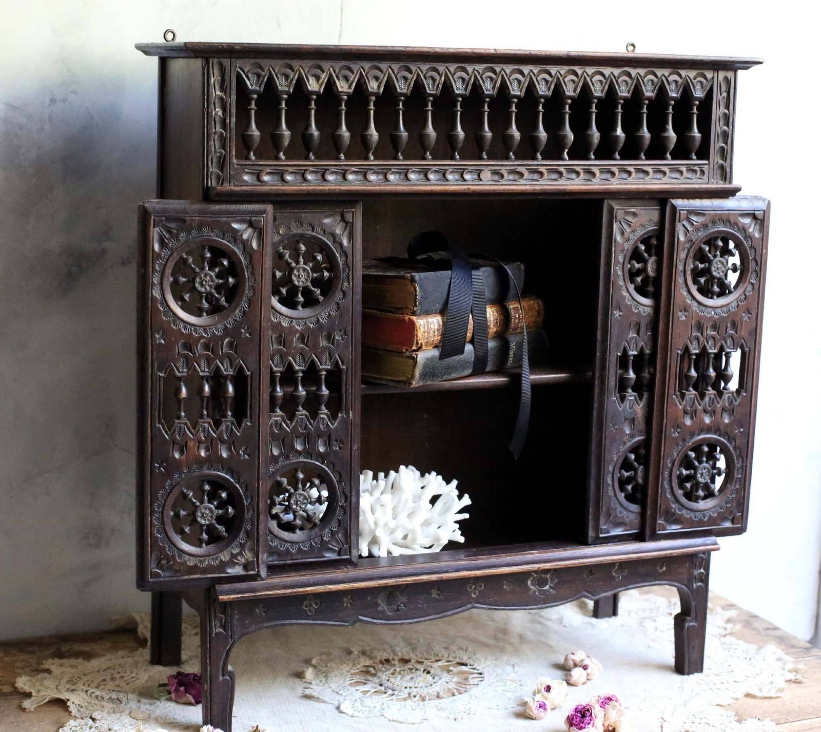 Antique French Panetiere Breton Carved Wooden Bread Storage Box Cheese Safe Pie Keeper Storage Cabinet Larder photo for sale