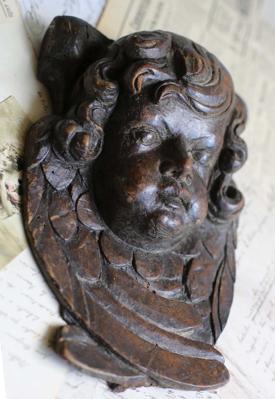 Baroque Putti Fragment Antique Carved Winged Head Wooden Wall Plaque Cherub Face 17th Century photo Art