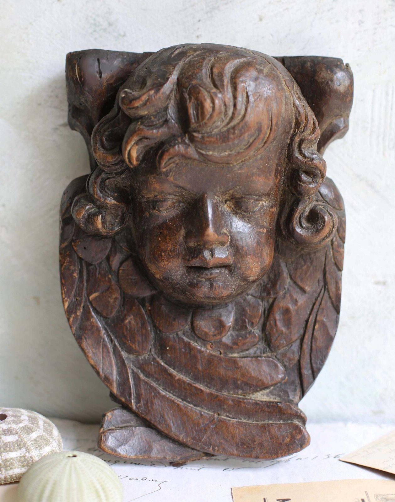 photo for sale Baroque Putti Fragment Antique Carved Winged Head Wooden Wall Plaque Cherub Face 17th Century