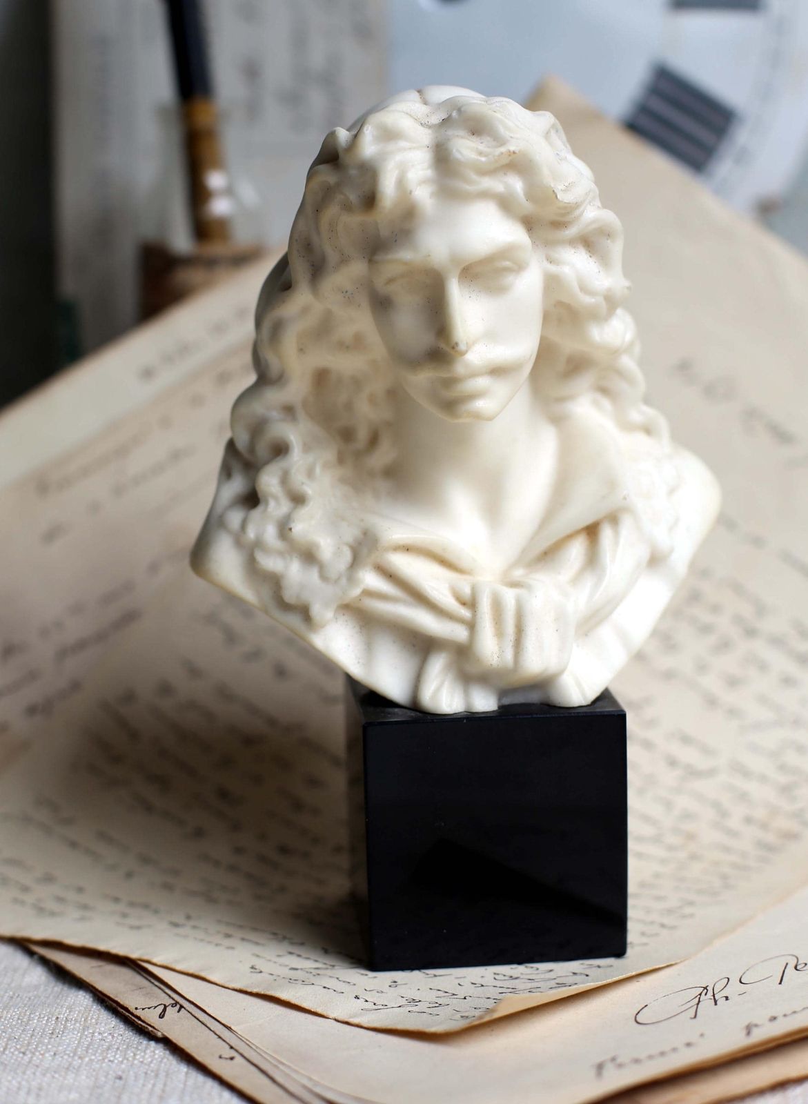Antique Moliere Bust Male Writer Wax & Marble Figurine Of A Male Author photo Art