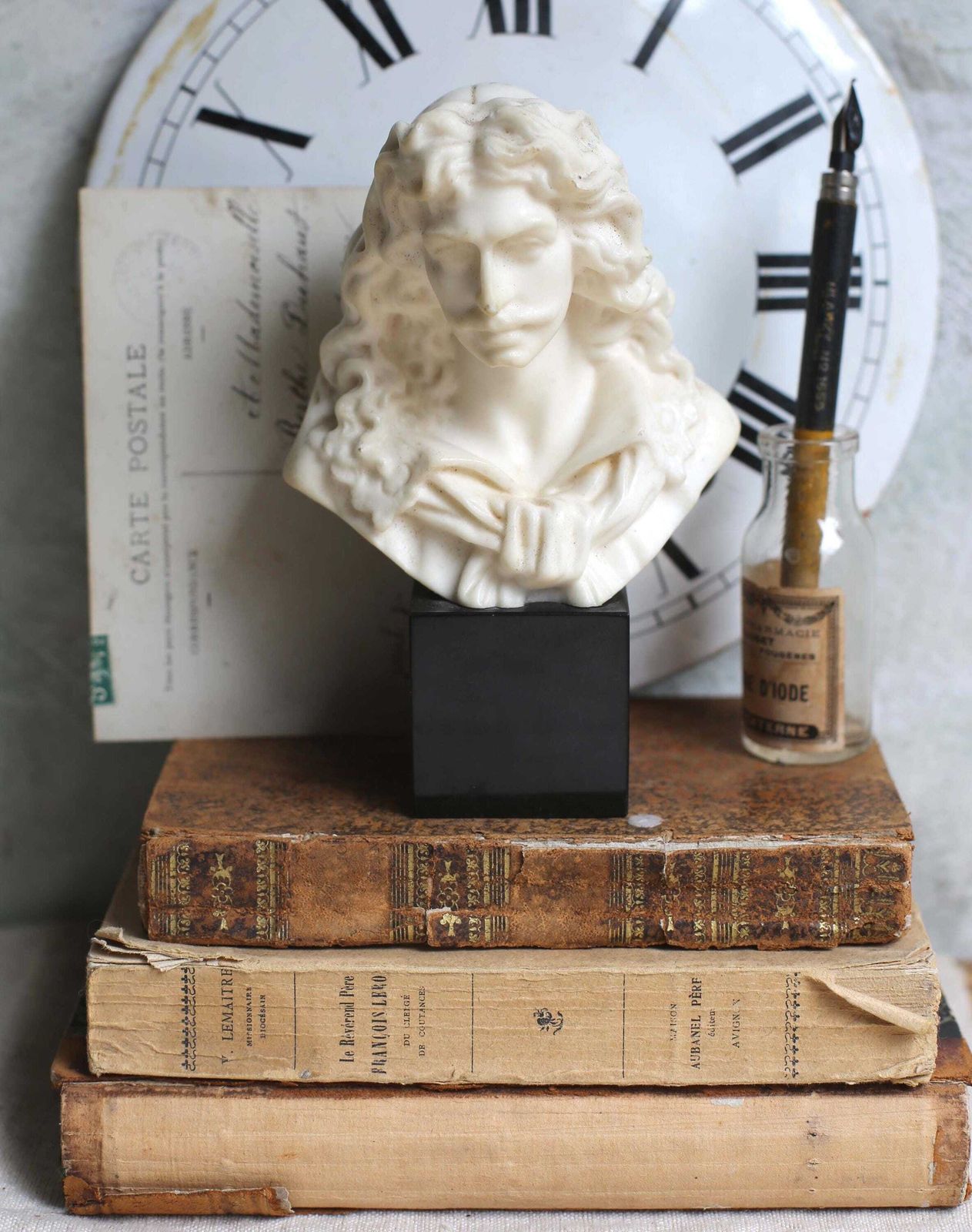 Antique Moliere Bust Male Writer Wax & Marble Figurine Of A Male Author photo 92.0