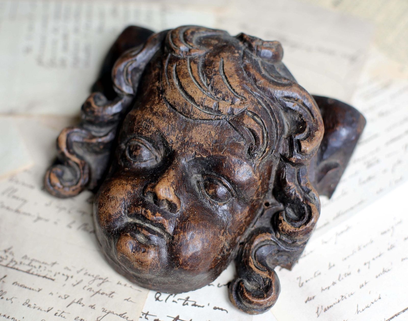 Baroque Putti Fragment Antique Carved Head Wooden Wall Plaque Cherub Face 17th Century photo 213.0