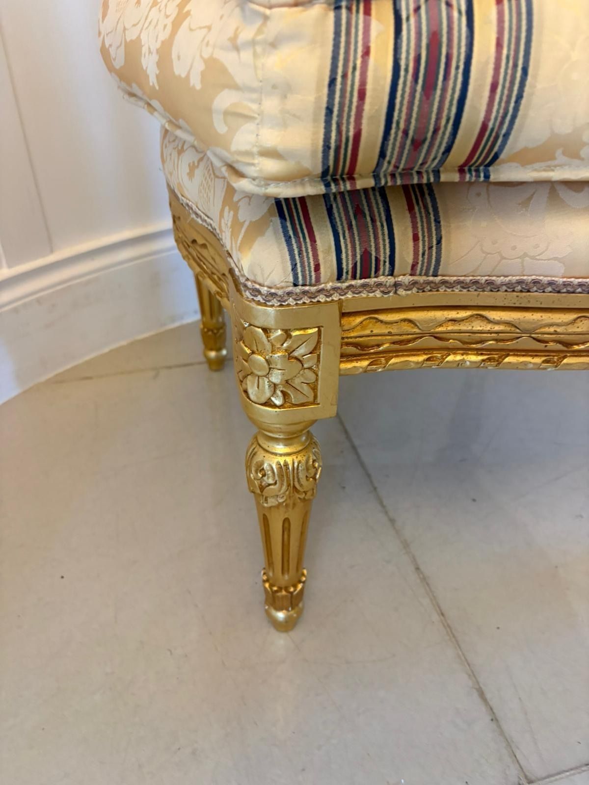 Antique Pair Carved Giltwood  Footstools Upholstered French Style photo vinterior