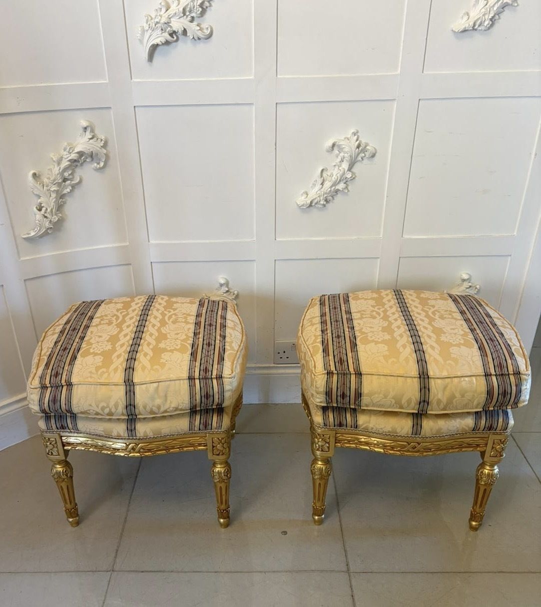 photo for sale Antique Pair Carved Giltwood  Footstools Upholstered French Style